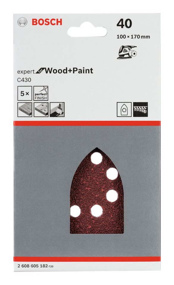 Thumbnail - BOSCH Schleifpapier, (5 Stück), C430 Schleifblatt Klett 8 Löcher K40 - 100 x 170 mm - 5er-Pack