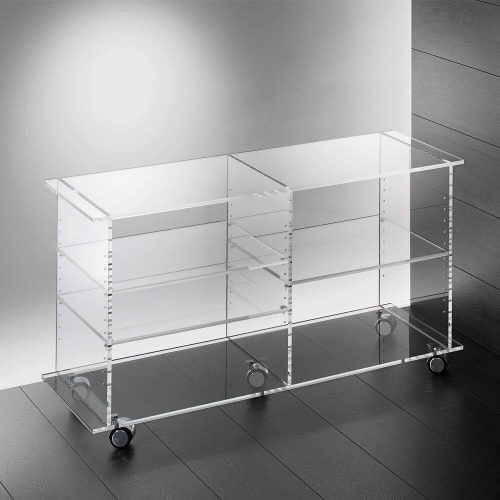 Design Objekte Rollcontainer Acryl TV-Hifi-Möbelsystem rollbar mit Böden, Höhenverstellbare Einlegeböden, weiche Möbelrollen