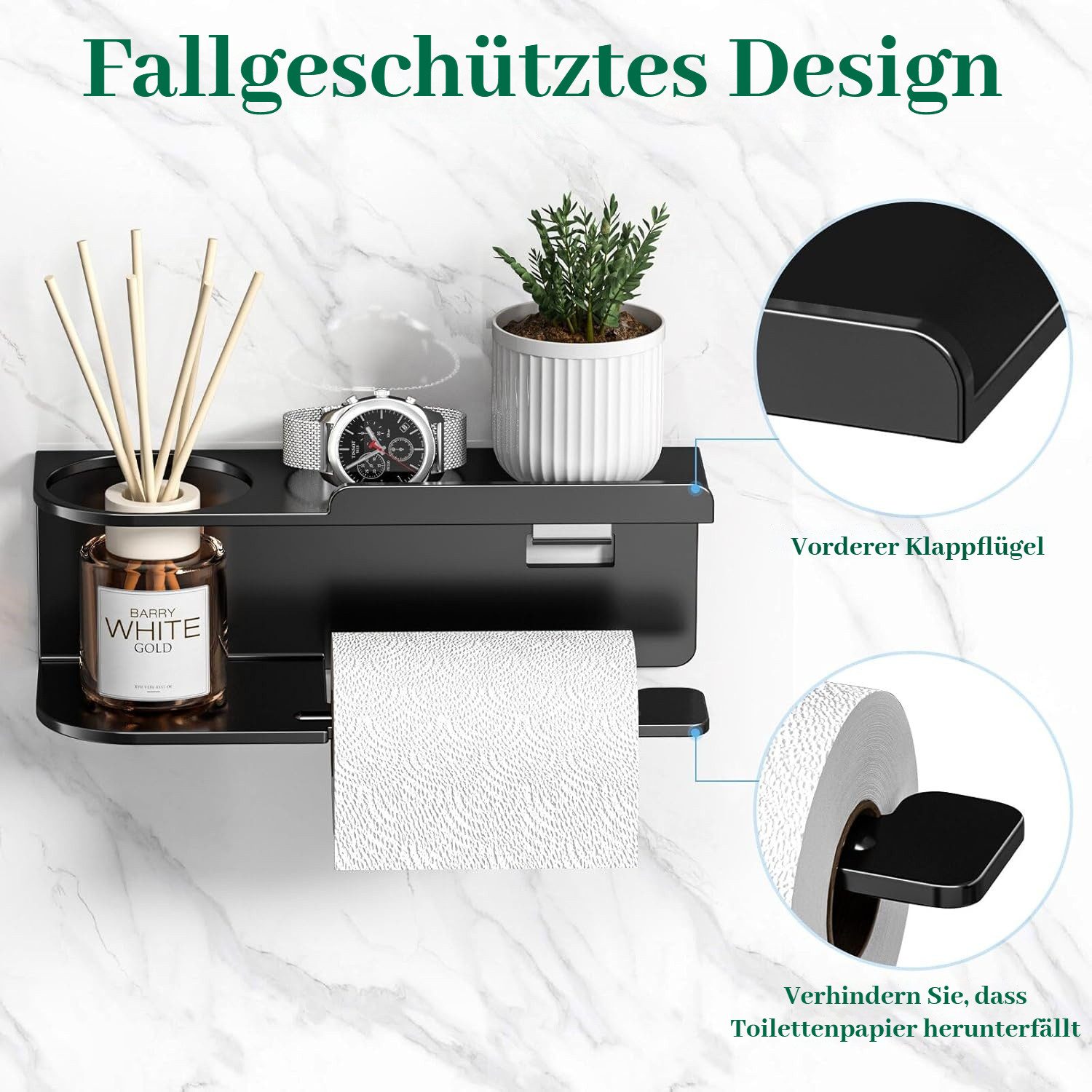 BlingBin Toilettenpapierhalter Klopapierhalter ohne Bohren Schwarz Selbstklebend WC Papier Halterung (1er Set, 1-St., 23 x 9 x 8 cm), Klorollenhalter Rollenhalter Wandmontage für Badezimmer