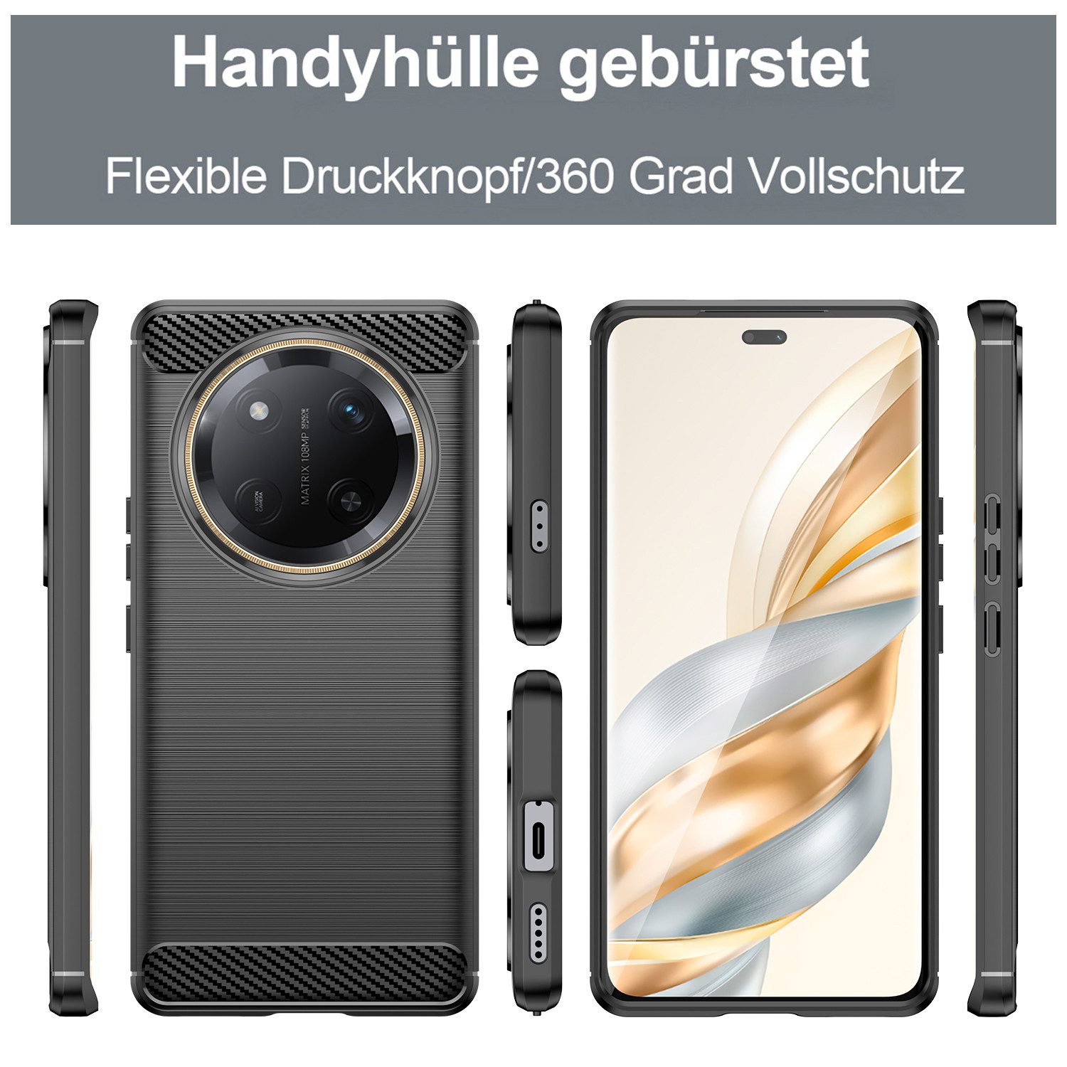 betterfon Handyhülle Carbon Hülle für Honor Magic 7 Lite TPU Silikon Bumper Schwarz, Carbon-Look – stoßfestes Case mit Air-Cushion & Metall-Optik