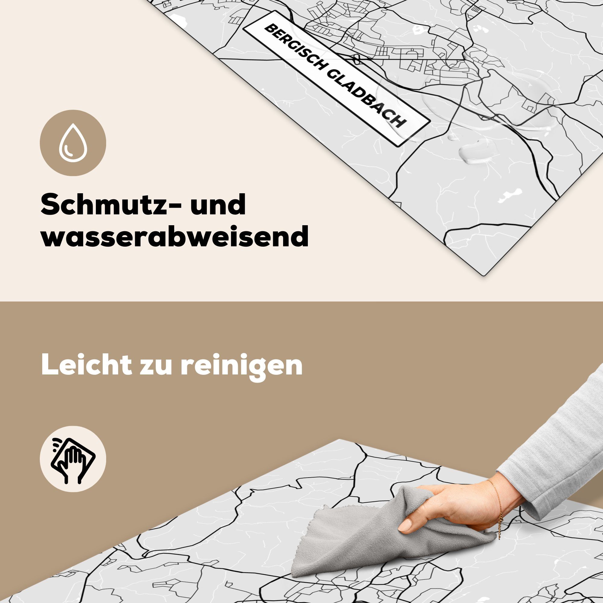 MuchoWow Herdblende-/Abdeckplatte Stadtplan - Bergisch Ceranfeldabdeckung, cm, 78x78 Gladbach, küche für (1 tlg), Deutschland Vinyl, - Arbeitsplatte Karte 