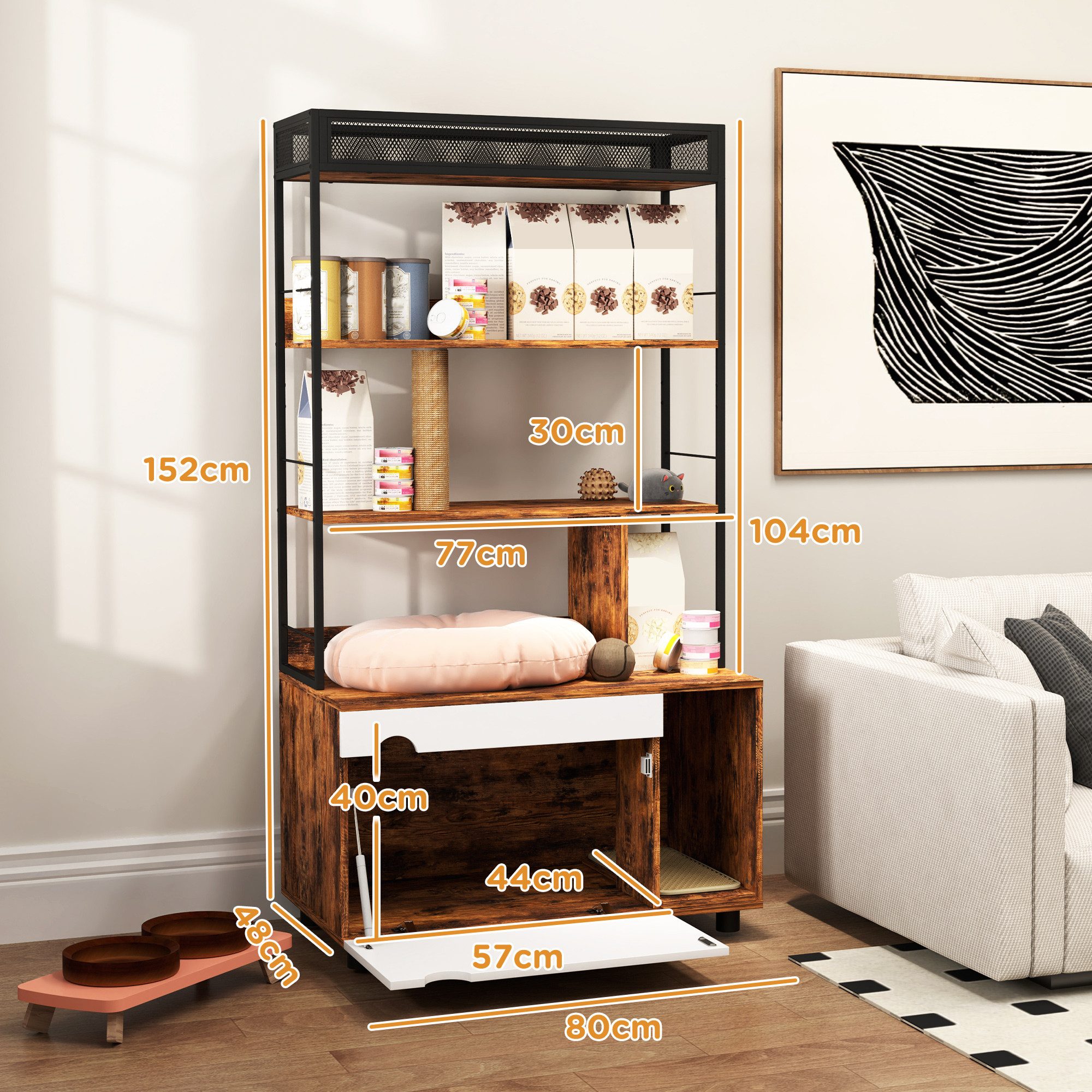PawHut Tierhaus Katzenklo-Schrank, Katzenschrank, Kratzpfosten, Klapptür, für Katze unter 6 kg, 80 x 48 x 152 cm, Rustikal-Braun