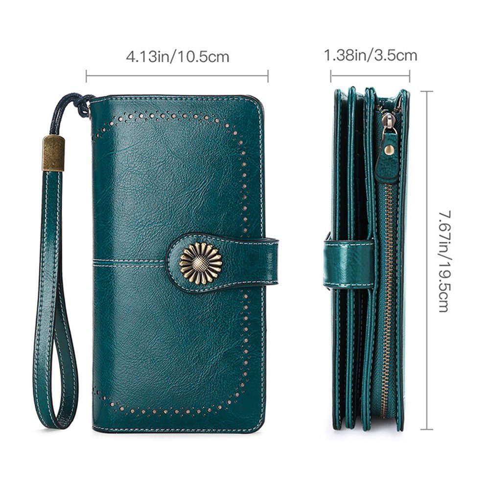 lang Brieftasche Damen Reißverschluss,mehrere Leder mit Mnöpf Fächer Grün Brieftasche Vintage