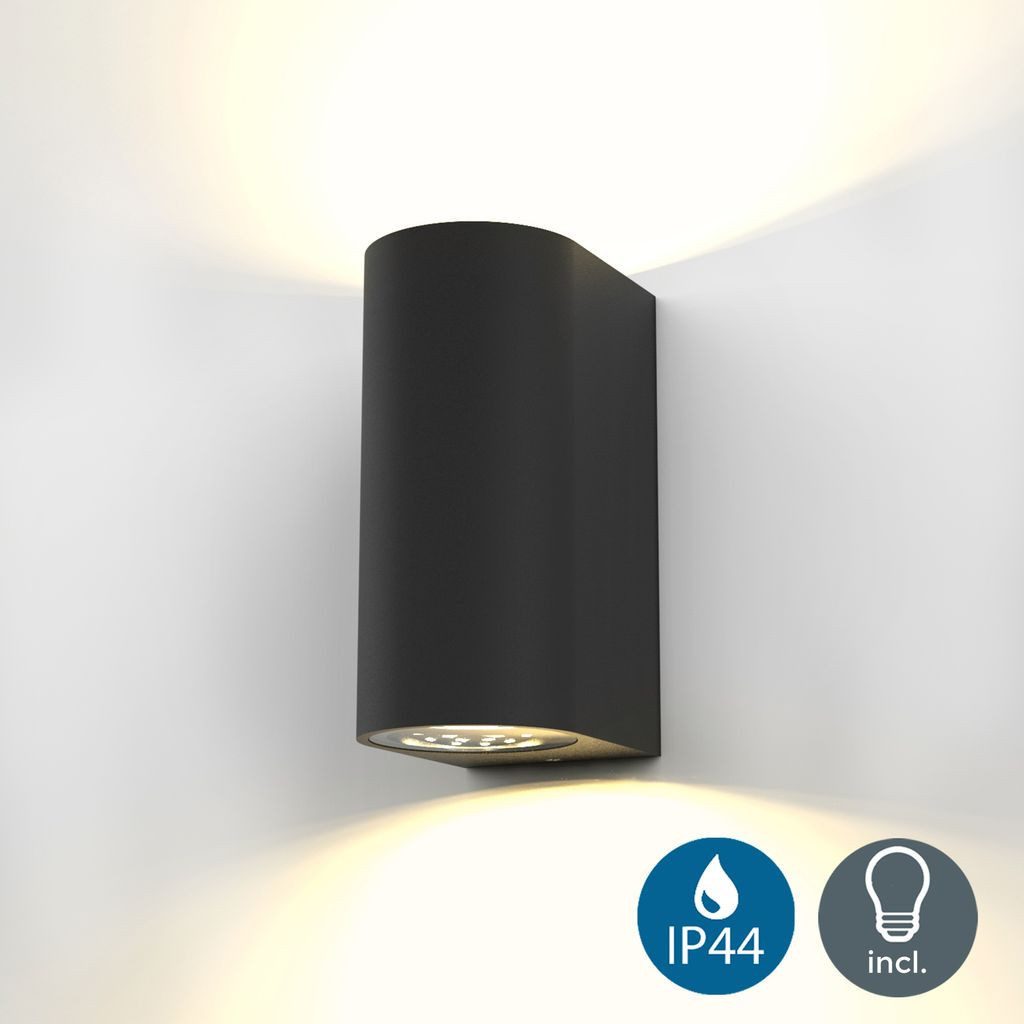 B.K.Licht Gartenstrahler LED Wandlampe Außen & Innen 15x9cm schwarz IP44 - BKL1140, LED wechselbar, 3000K - Warmweiß, 3000K Badleuchte Hauswand Up Down 2x GU10 5W 400lm Terrasse Badezimmer