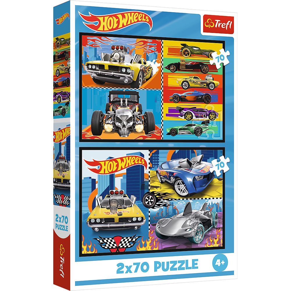 Trefl Puzzle Kinderpuzzle Legespiel Rennwagenmotiv, 140 Puzzleteile, 2 Puzzles à 70 Teile, Hot-Wheels-Motiv, 275x180 mm