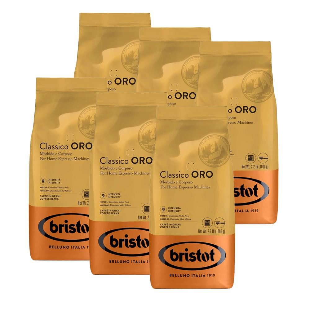 bristot Kaffee Classico ORO Bohnen Kaffeebohnen, 6 x 1000 g, Feine Geschmacksnoten von Schokolade, Malz und Walnuss