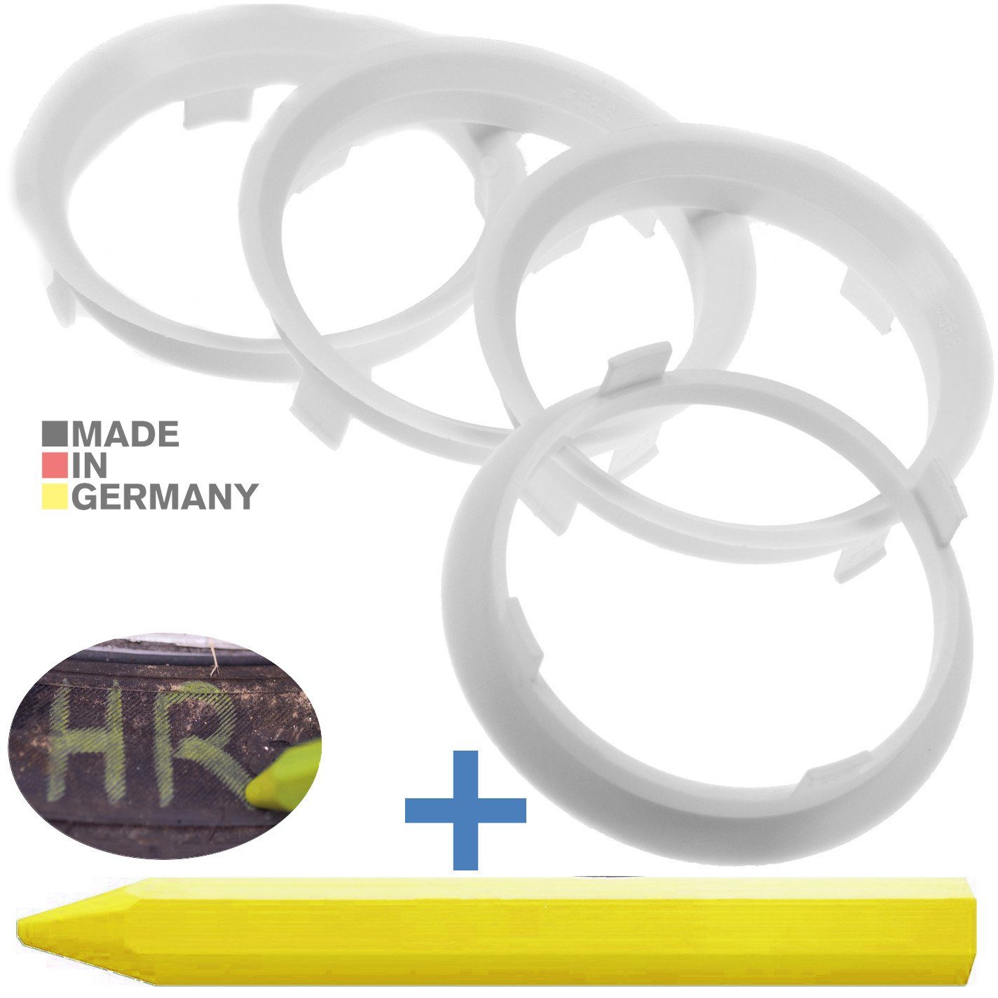 RKC Reifenstift 4X Zentrierringe Weiss Felgen Ringe + 1x Reifen Kreide Fett Stift