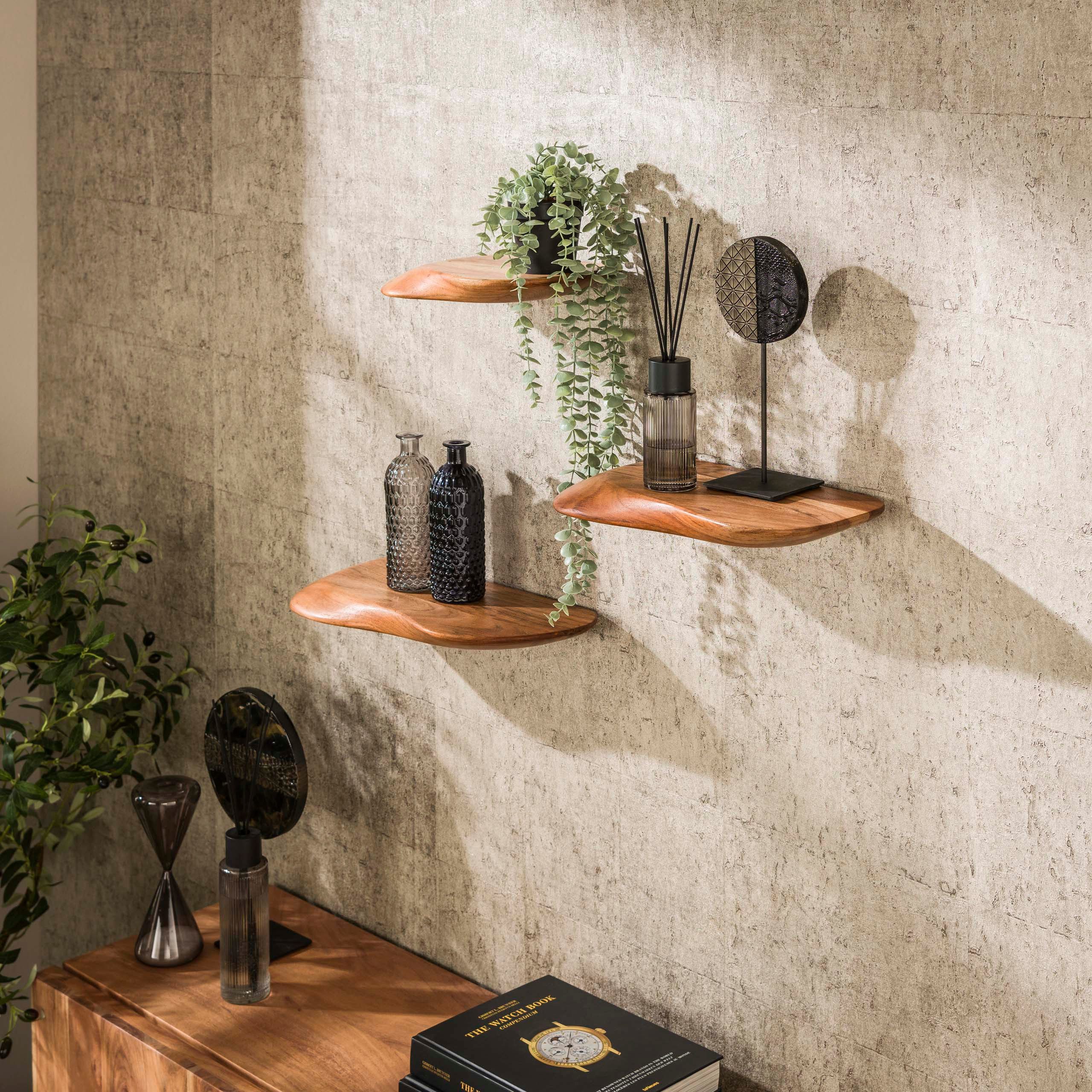 alesvelt Wandregal Set ORGANIC FLOW 3 schwebende Massivholz-Regale aus Akazie, 30x20x4cm, 40x20x4cm, 50x20x4cm, Naturform