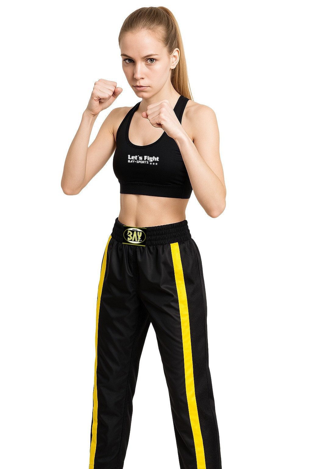 BAY-Sports Sporthose Kickboxhose NETZ-MESH Mesh Netzeinsatz Hose lang Kickboxen Kampfsport lange, leichte, locker sitzende Trainingshose, Schwarz/Gold