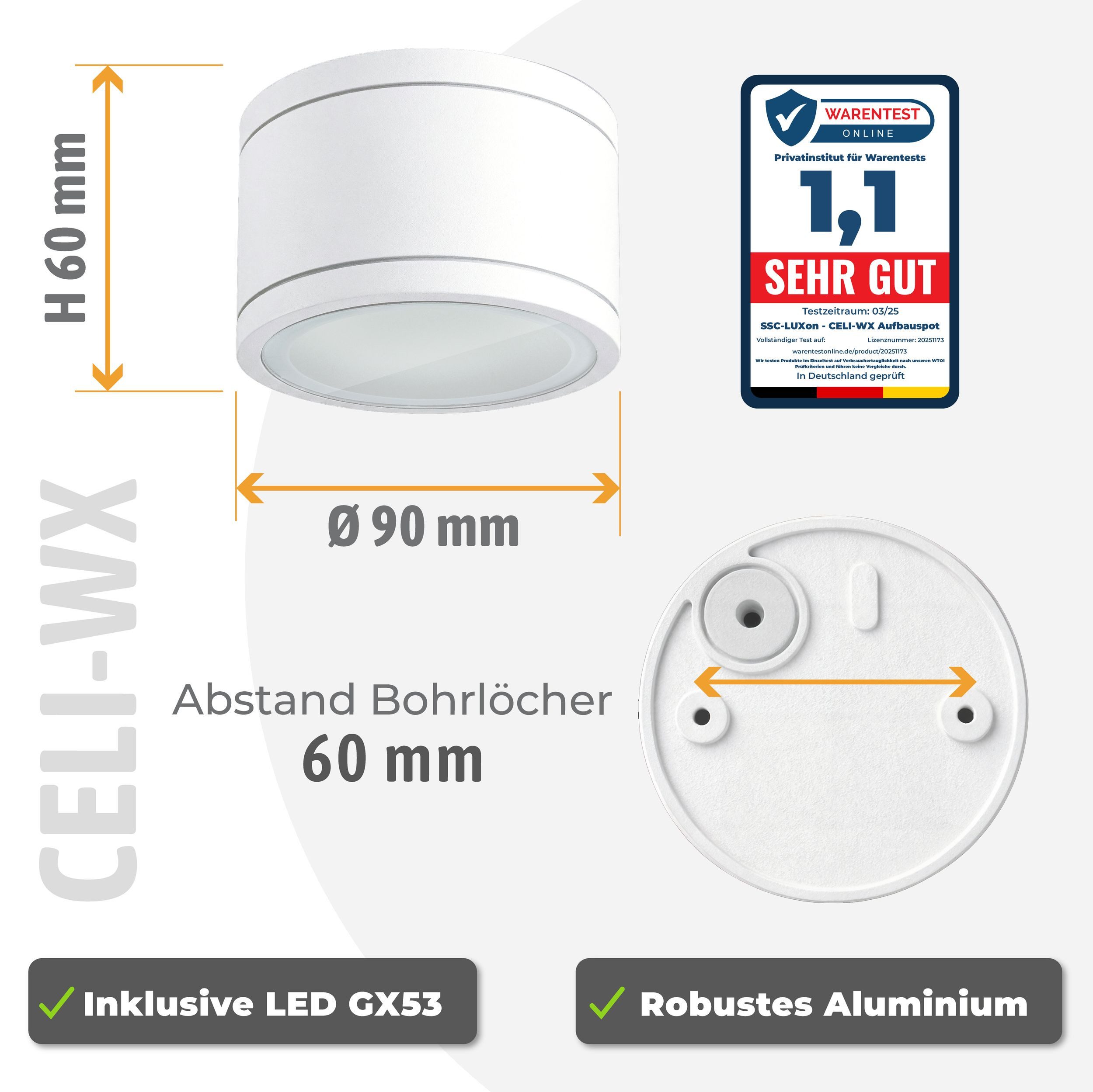 SSC-LUXon LED Außen-Deckenleuchte CELI-WX Bad Aufbaulampe flach IP44 weiss rund mit Smart WiFi RGB LED, Smart