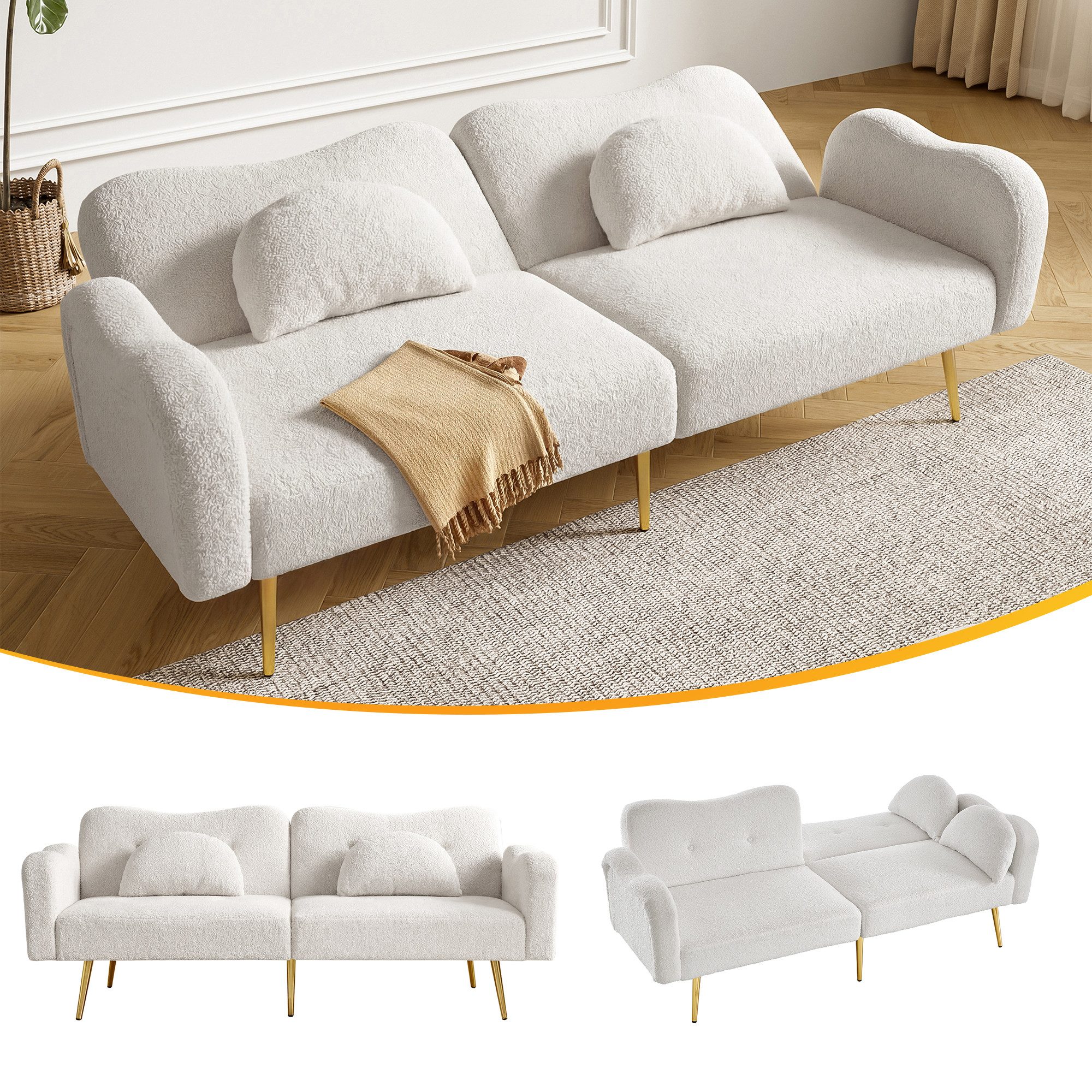 Flieks Sofa 2-Sitzer Schlafsofa mit Schlaffunktion/Bettfunktion, L175/T79/H82 cm, Polstersofa mit 2 Zierkissen, Bezug aus Imitationswolle 1 Teile, Sofabett mit verstellbarer Rückenlehne & vergoldeten Metallfüßen Weiß