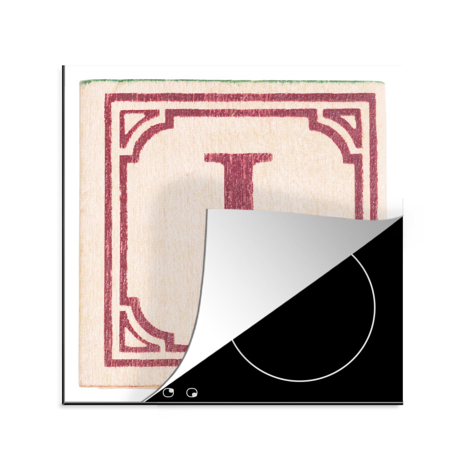 MuchoWow Herdblende-/Abdeckplatte Stempel des Buchstaben I auf Holzsockel, Vinyl, (1 tlg), 78x78 cm, Ceranfeldabdeckung, Arbeitsplatte für küche