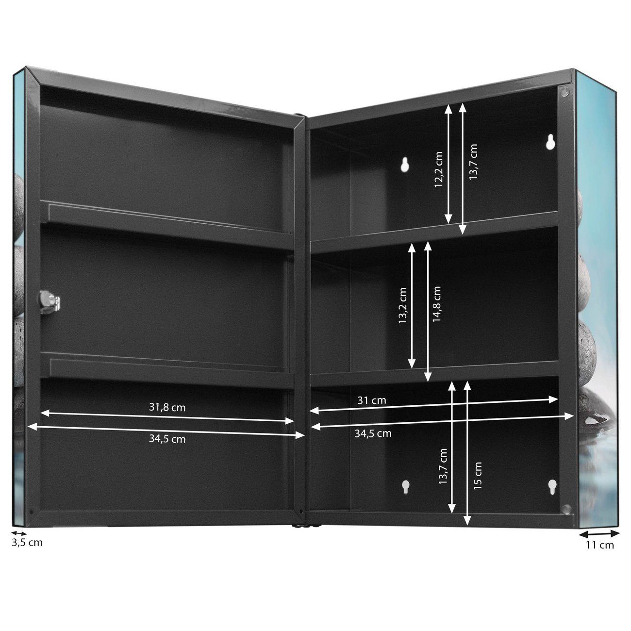 banjado Medizinschrank Stahl Lotus 15cm x schwarz 46 Fächer) und Und (abschließbar, große 3 kleine 2 Steine x 35