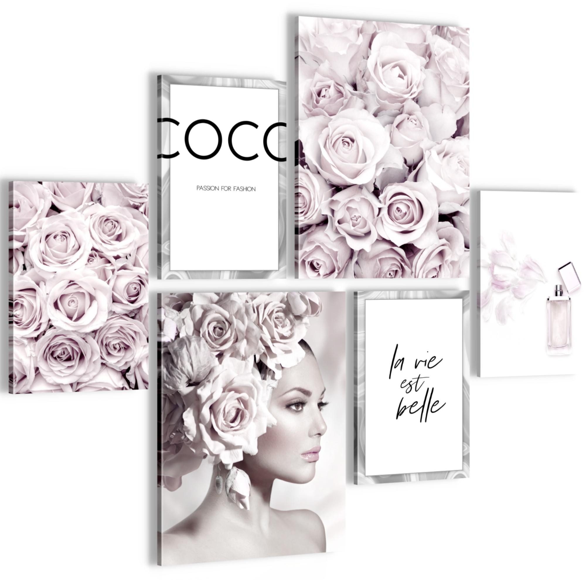 Novart Wandbild Coco Fashion Grau Rosa AUFHÄNGFERTIG Deko Mädchen Teenager N0007, 102L x 84B cm