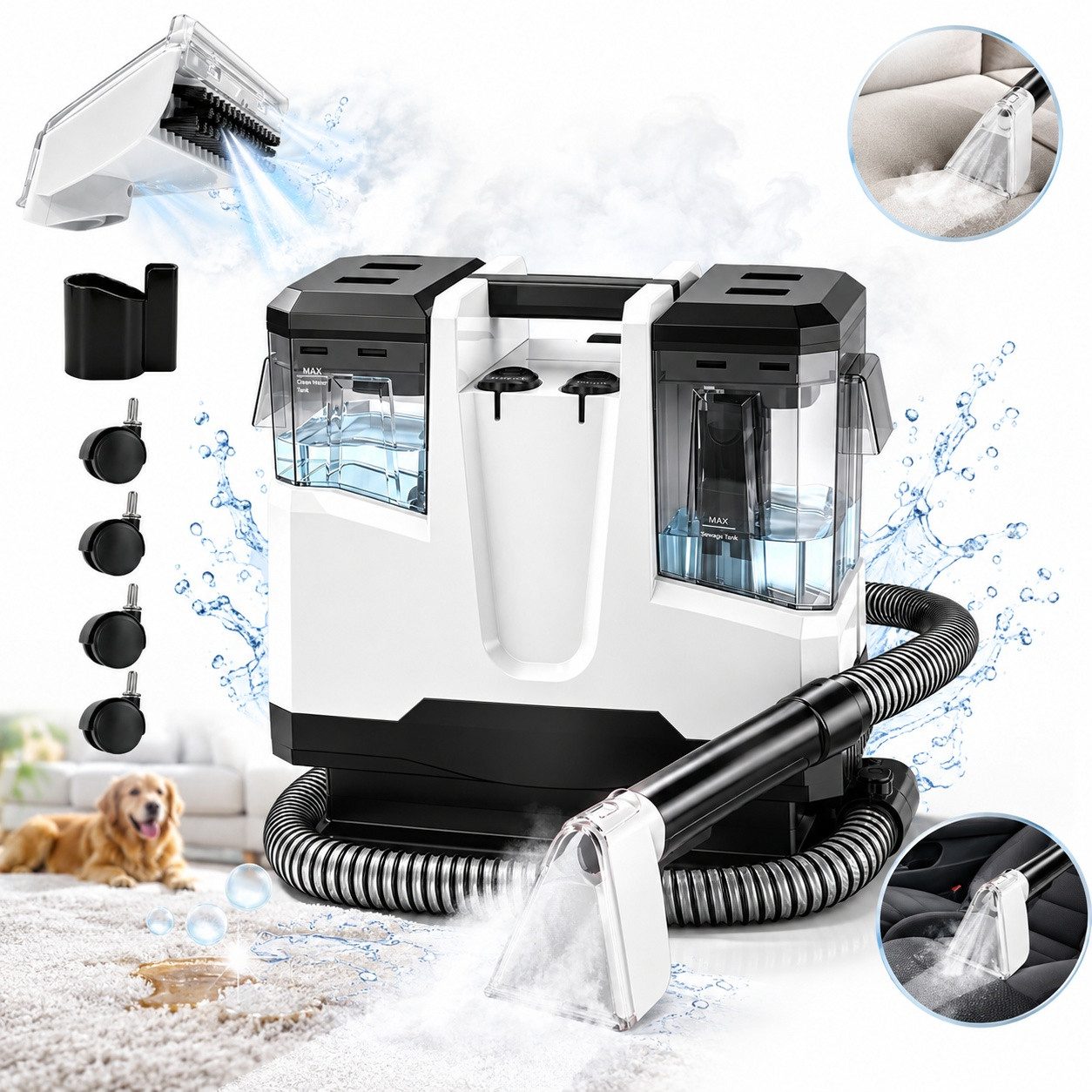 Fofile Dampfreiniger Polsterreiniger Gerät, Teppichreinigungsgerät, Dampfsauger, 600 W, mit Beutel, 4 m langes Netzkabel & 1,6 m Schlauchlänge, Handdampfreinige