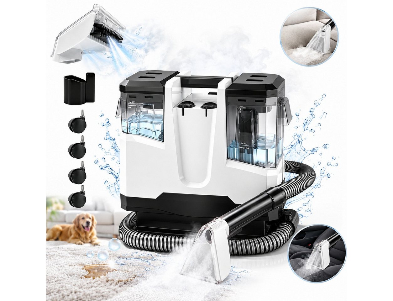 Fofile Polsterreiniger Gerät, Teppichreinigungsgerät, Fleckentferner Teppichreiniger (4,4 m Kabel, 1,3 m Schlauch, einfache Handhabung Tiefenreinigung, getrennte Wassertanks, starke Saugkraft)