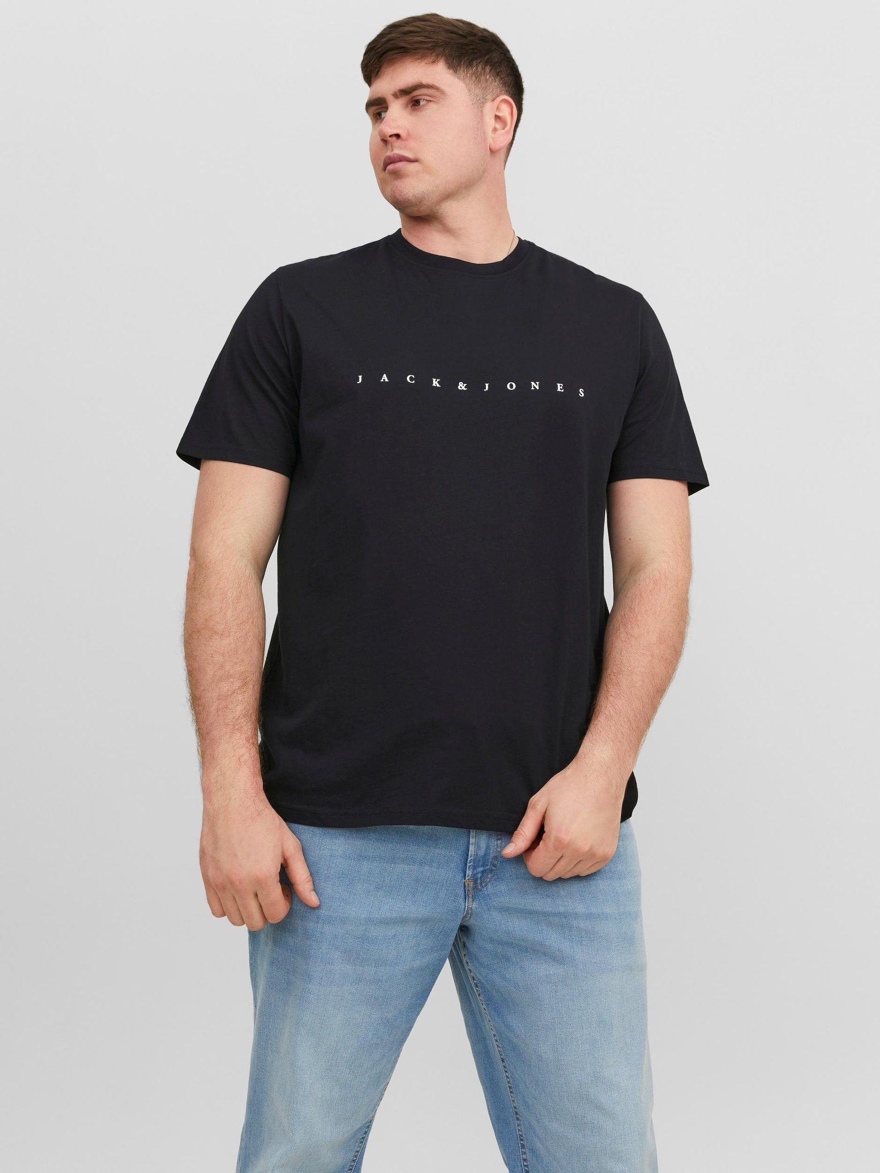 Jack & Jones T-Shirt Logo T-Shirt Kurzarm Shirt Plus Size Übergröße JJESTAR 6550 in Schwarz