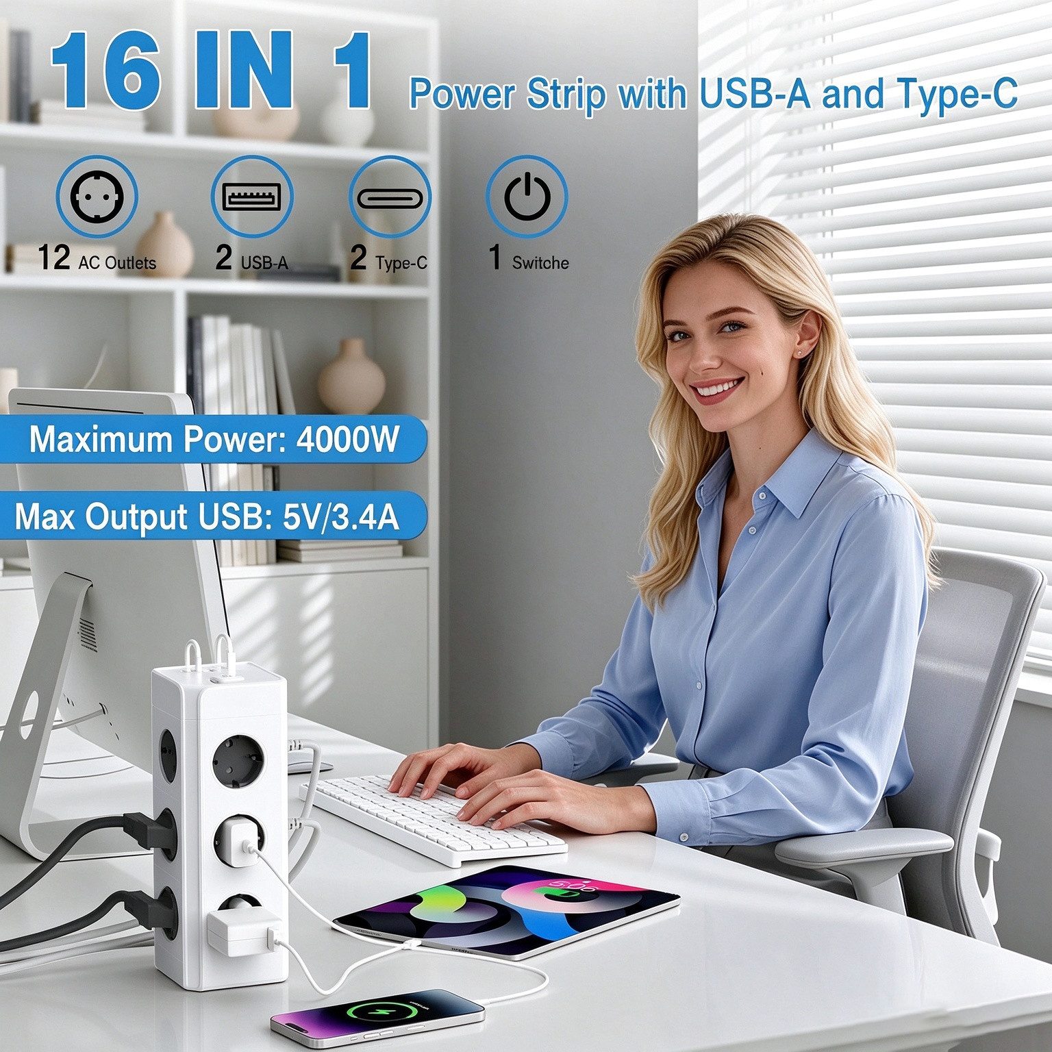 ibettertec 12 Fach Mehrfachsteckdose mit 4 USB Steckdosenturm Steckdosenleiste Steckdosenleiste 12-fach (Ein-/Ausschalter, USB-Anschlüsse, Schutzkontaktkupplung – Bild 2 von 5