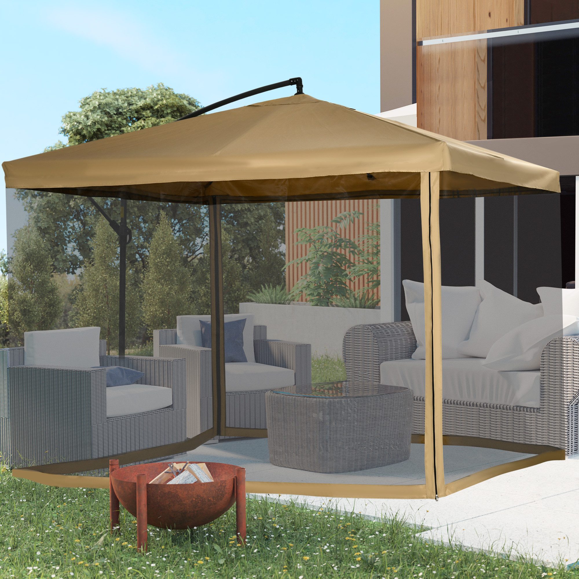 Outsunny Ampelschirm Gartenschirm mit Schirmgewicht, Stahl, Polyester Beige, LxB: 295x295 cm, Marktschirm, Sonnenschirm, mit Moskitonetz