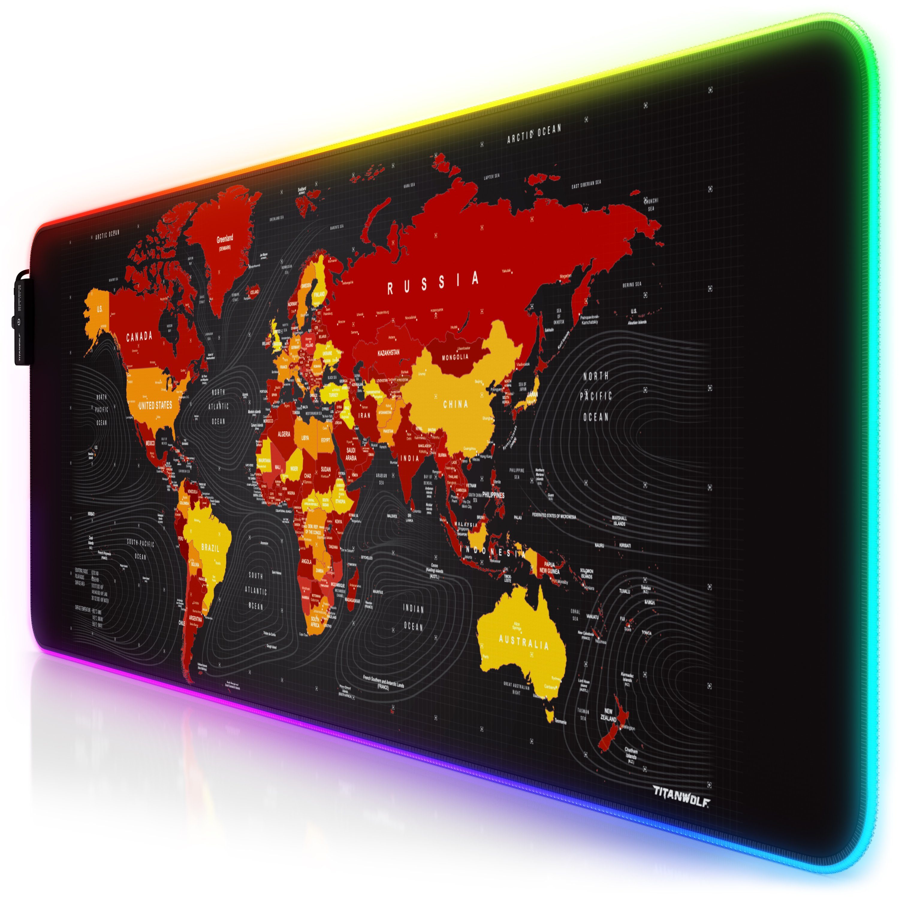 Titanwolf Gaming Mauspad RGB Mousepad 800 x 300 x 3 mm, LED Multi Color XL Tischunterlage (1-St), rutschfest, abwaschbar, Geschwindigkeit & Präzision, Weltkarte rot