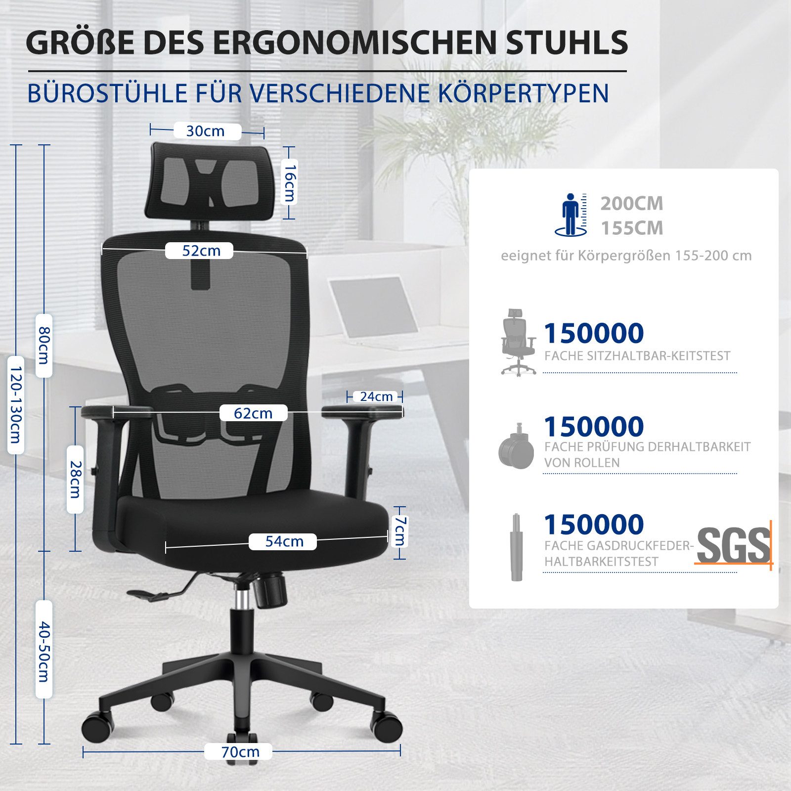 Durrafy Bürostuhl Ergonomischer Mesh Bürostuhl – Bis 200 kg belastbar & atmungsaktiv (Drehstuhl mit verstellbaren Armlehnen und Kopfstütze), 130° Wippfunktion, verstellbare Lordosenstütze, belastbar bis 200 kg
