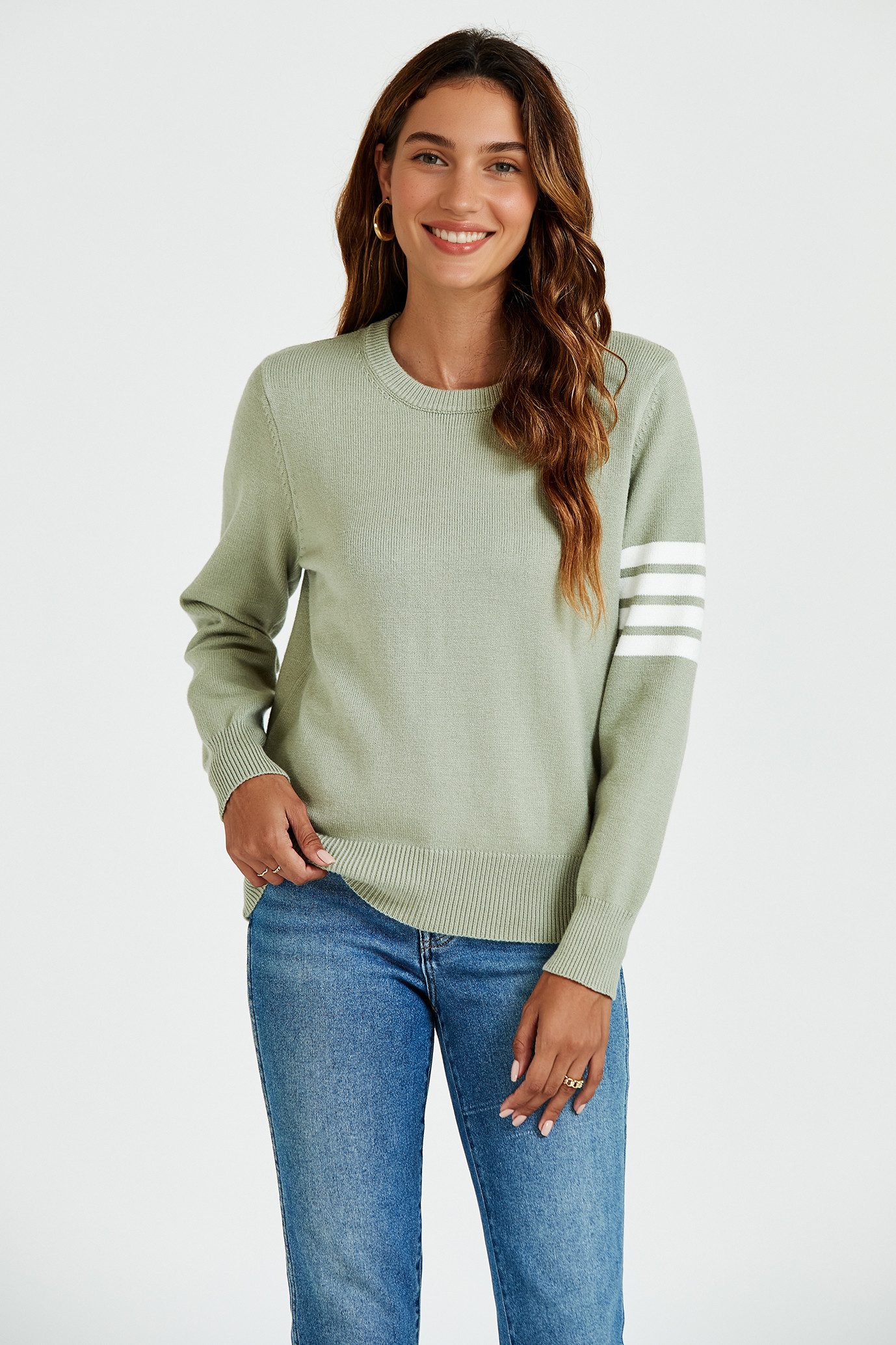 FS Collection Strickpullover Damen Pullover aus Wollmischung mit Streifenmu günstig online kaufen