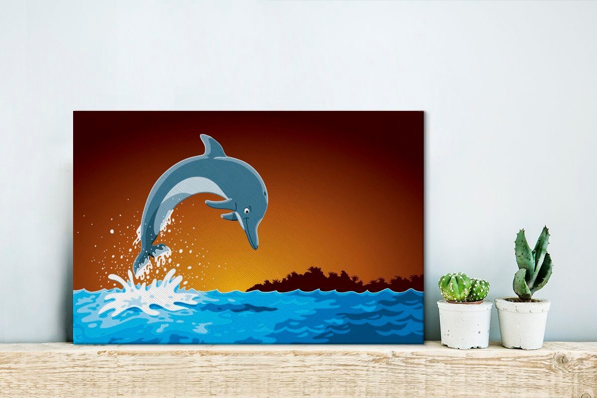 Wanddeko, Delfin Aufhängefertig, St), - - Wasser Wandbild 30x20 Sonnenuntergang, Leinwandbild OneMillionCanvasses® Leinwandbilder, cm (1