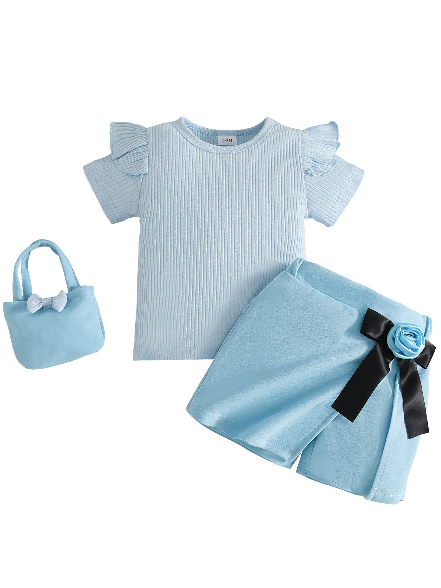 Lapastyle Top & Shorts Mädchen Baby Sommer Set, Alltagskleidung, Partyoutfits, Festtagssets (Set, 3-tlg) Oberteil mit Rüschen, Shorts Skirt mit Blumen-Schleifen, Handtasche