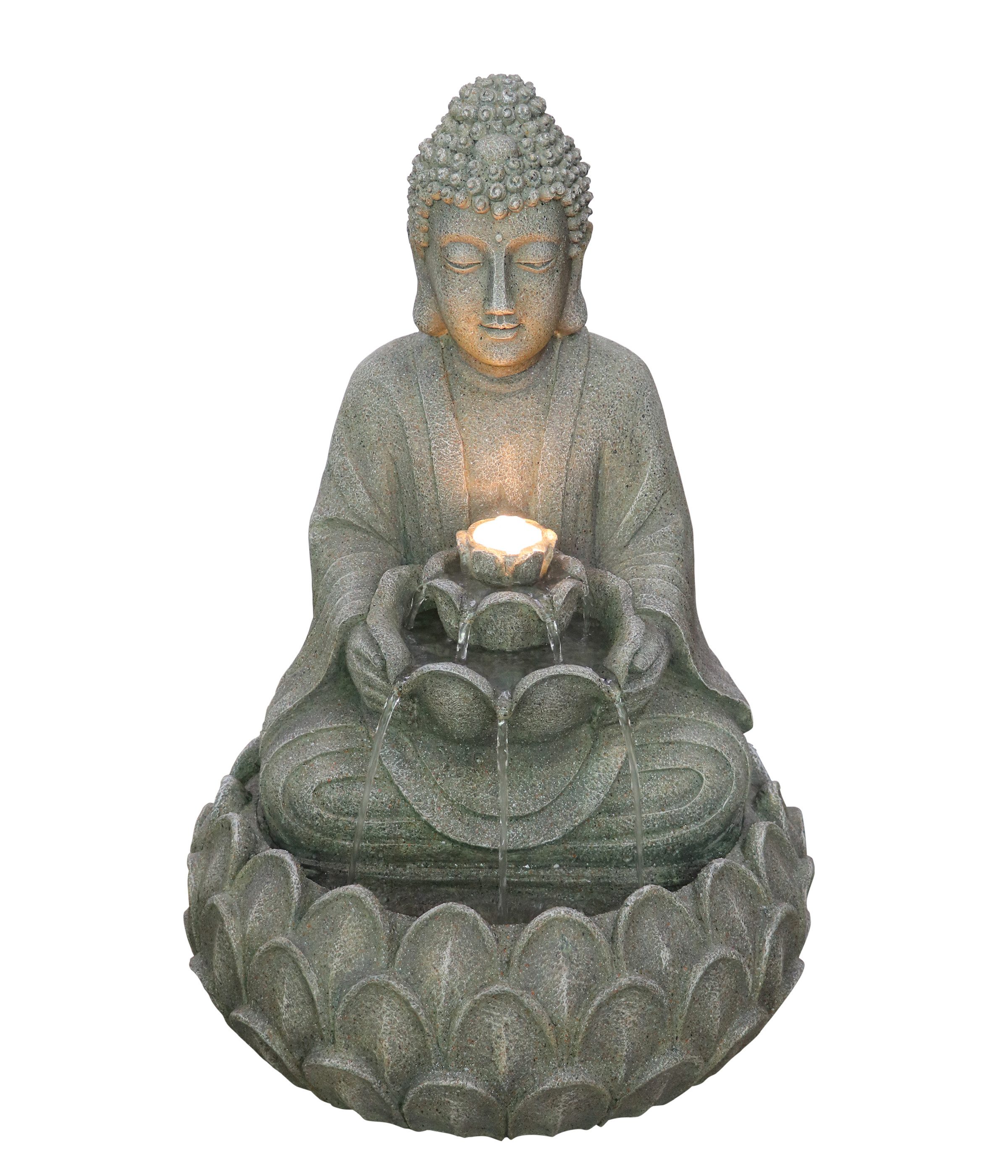 Dehner Gartenbrunnen Yoga, mit warmweißer LED-Beleuchtung, 36.5 x 55 x 36.5 cm, Polyresin, Outdoor-Brunnen in Buddha-Form im Komplettset inkl. Pumpe und Trafo