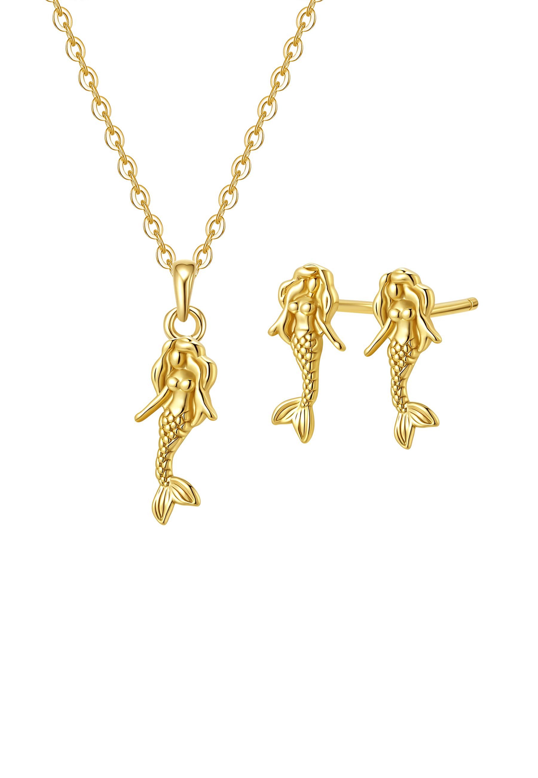 Hey Happiness Ohrring und Ketten Set Meereszauber, Verspieltes Schmuckset 925 Silber, Damen Set mit Kette & Ohrringen Meerjungfrau Design, feminin