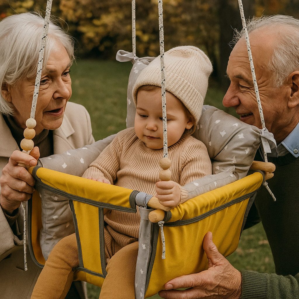 Jungengel Hängesessel Kinder Holz Hängeschaukel mit Polster 45×45×30 cm Indoor Outdoor, 60 kg Tragfähigkeit dank stabiler Holz- und Seilkonstruktion