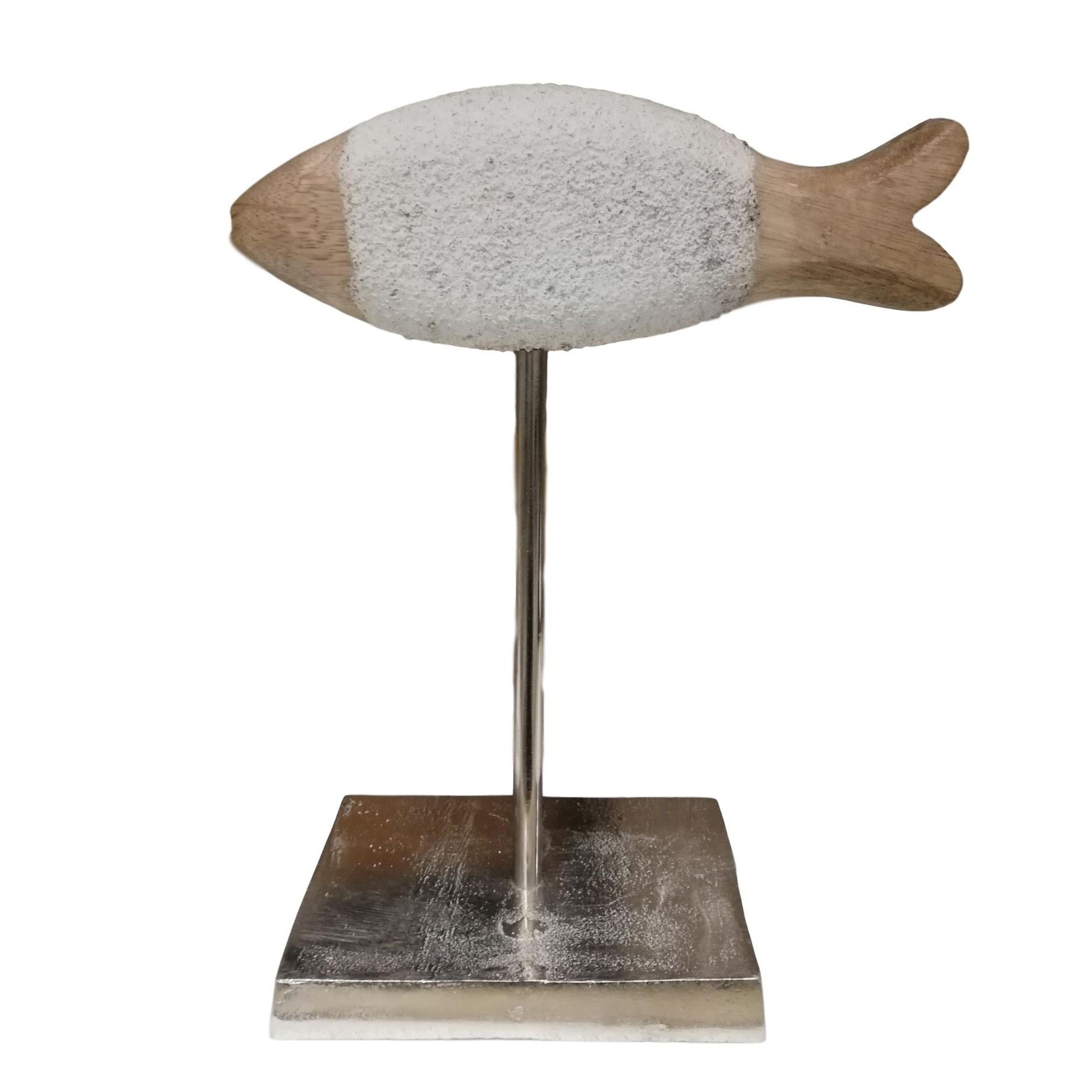 DekoTown Tierfigur Schwerer Holz Fisch auf Metallfuß Natur Creme 22cm