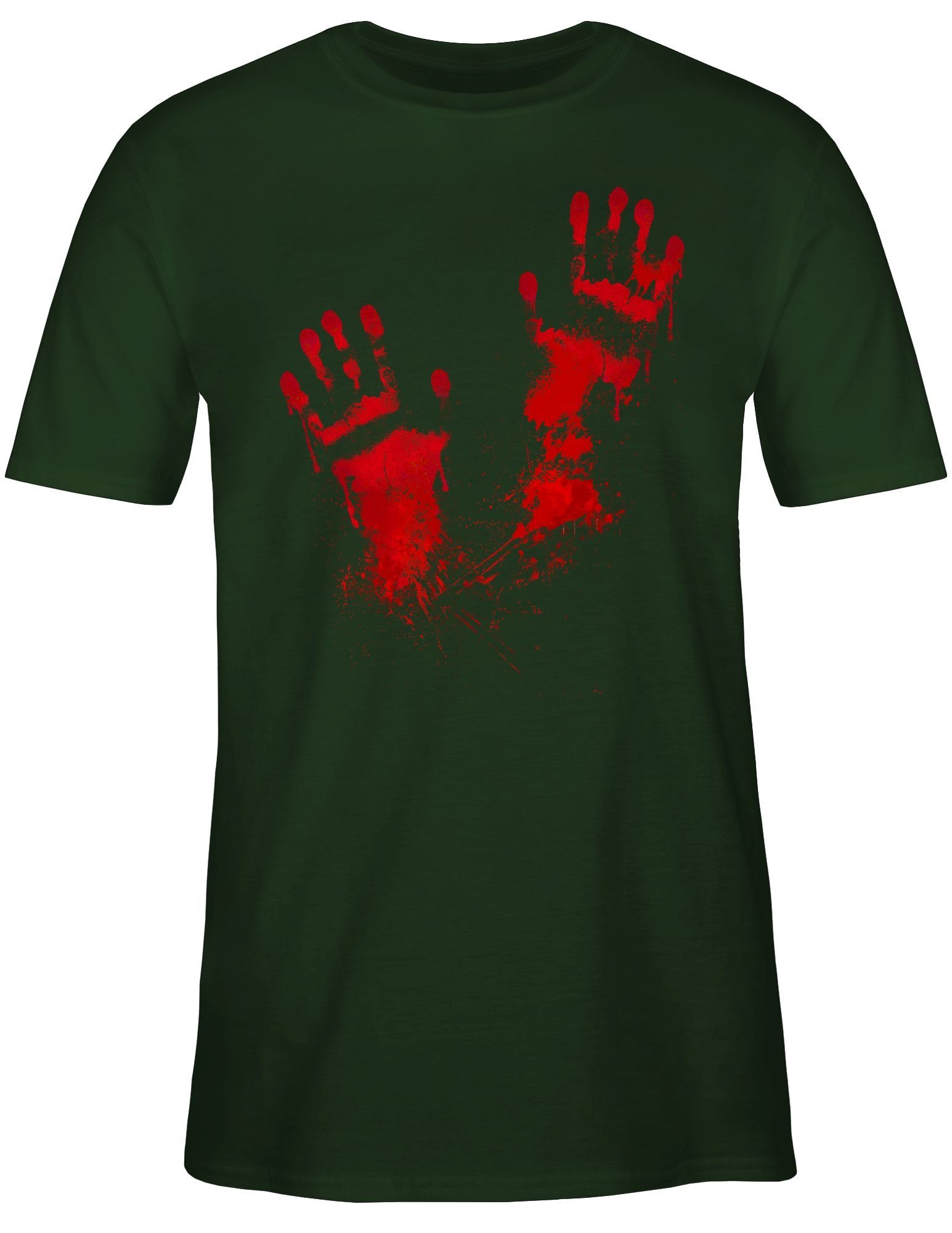 Handabdrücke Blutige Kostüme T-Shirt Herren Shirtracer Halloween Blut Handabdruck 03 Dunkelgrün Gruselig