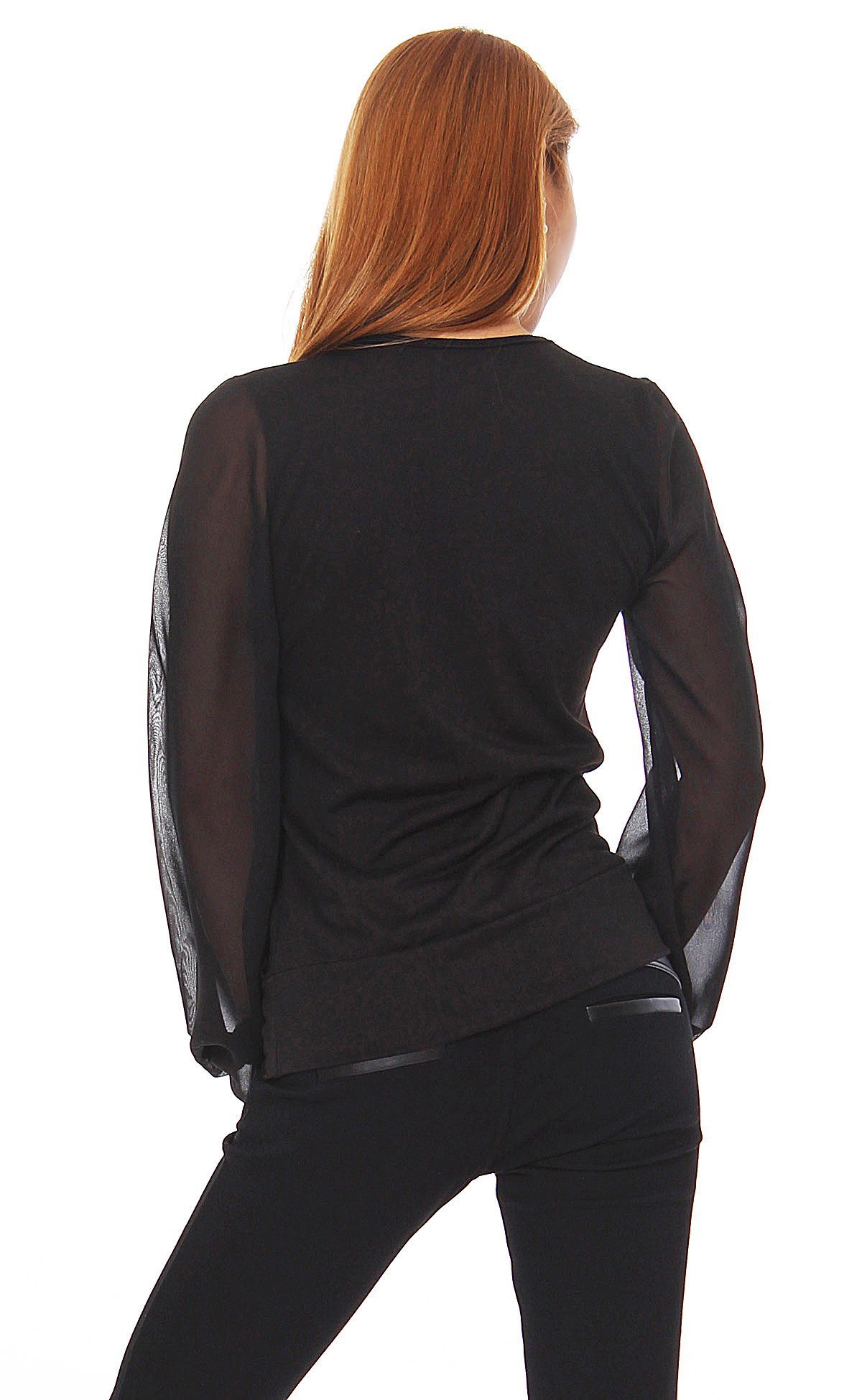 Mississhop Chiffonbluse plissierten mit Chiffon V-Ausschnitt M. 114 Damen Bluse Schwarz Ärmeln