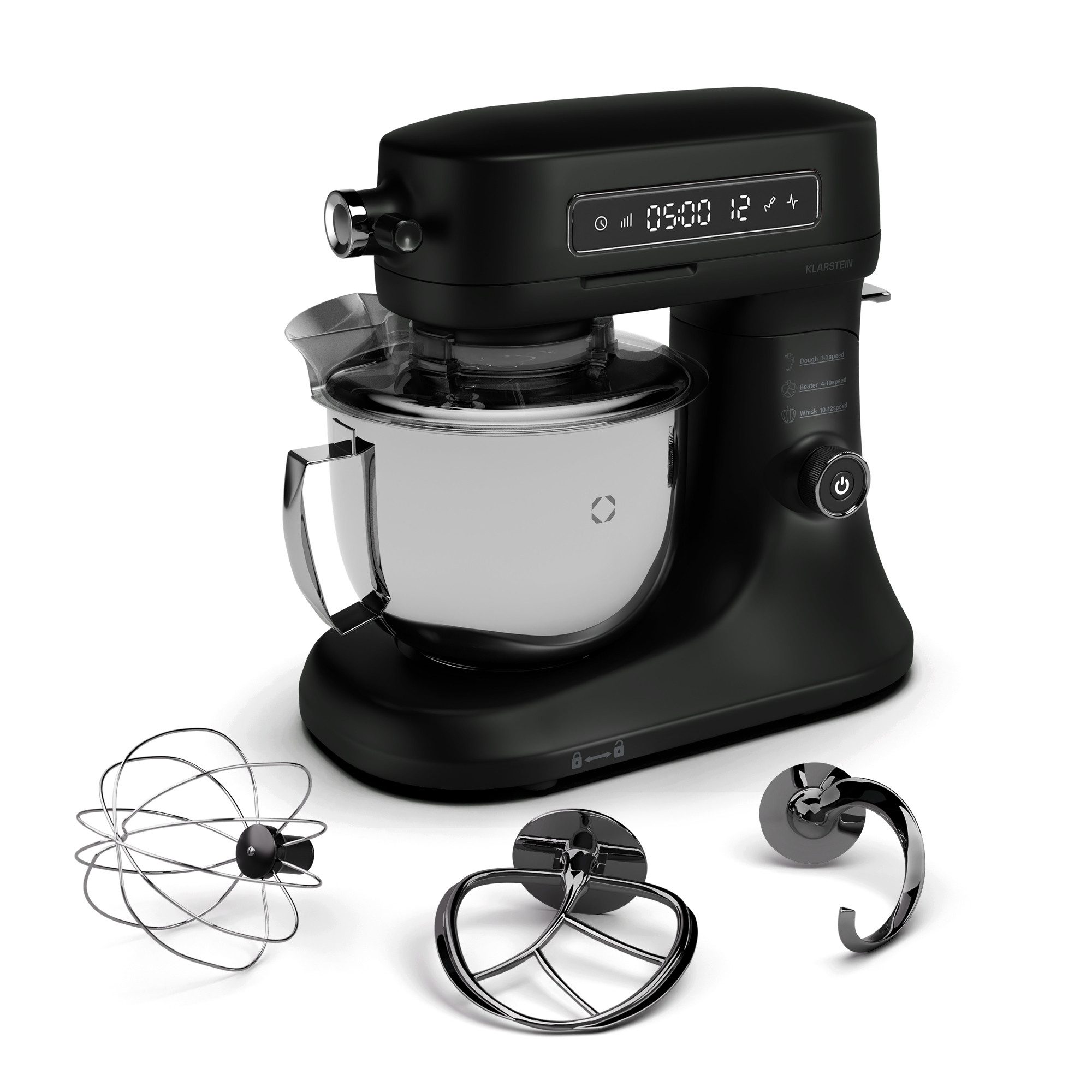Klarstein Küchenmaschine mit Kochfunktion, 1600 W, 5 l Schüssel, Knethaken Rührbesen Schneebesen 5 L LCD Touch