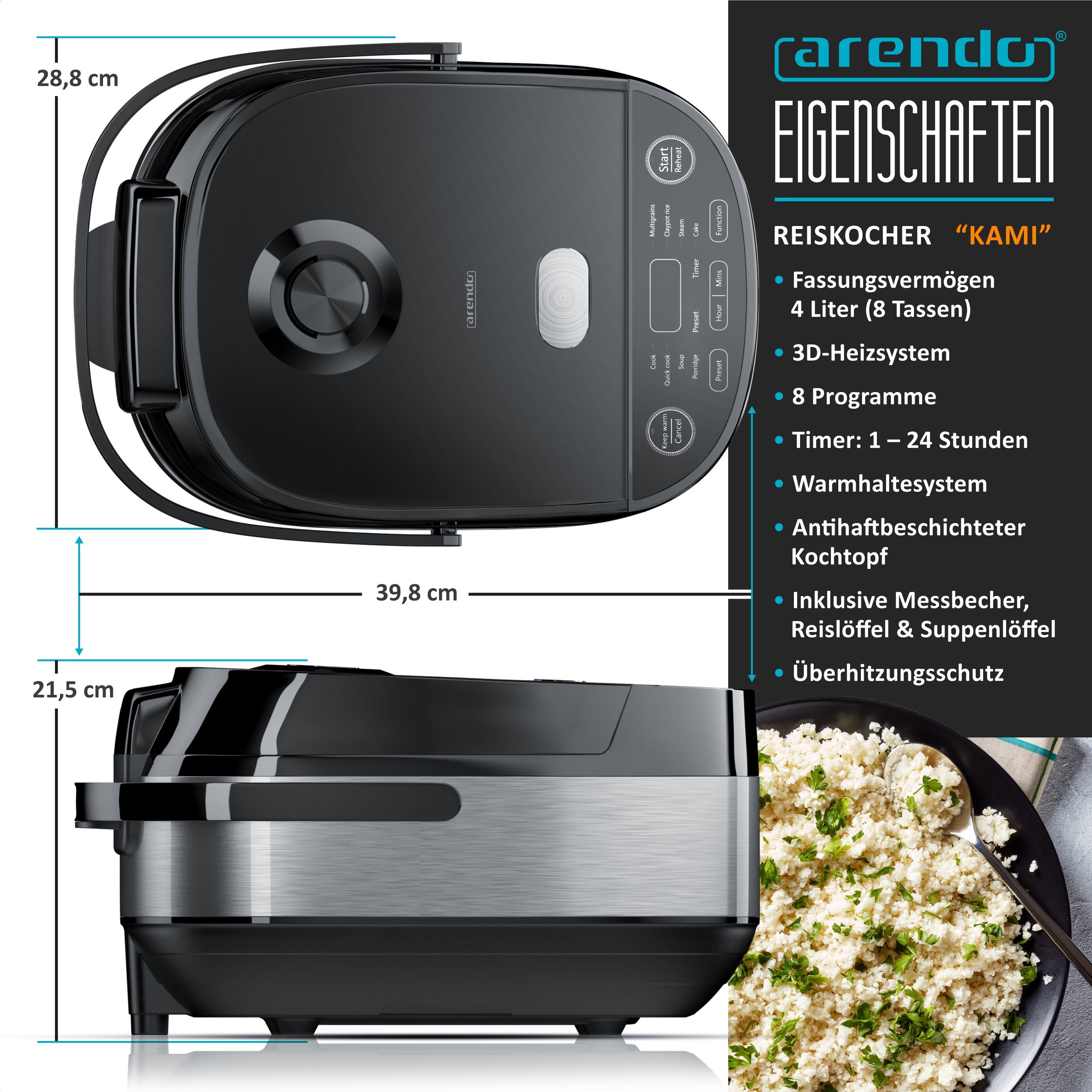 Arendo Reiskocher Multikocher, Dampfgarer mit 3D Heizsystem und 8 Programme + Timer, 800 W, Antihaftbeschichtung, inkl. Dampfgareinsatz und Warmhaltefunktion