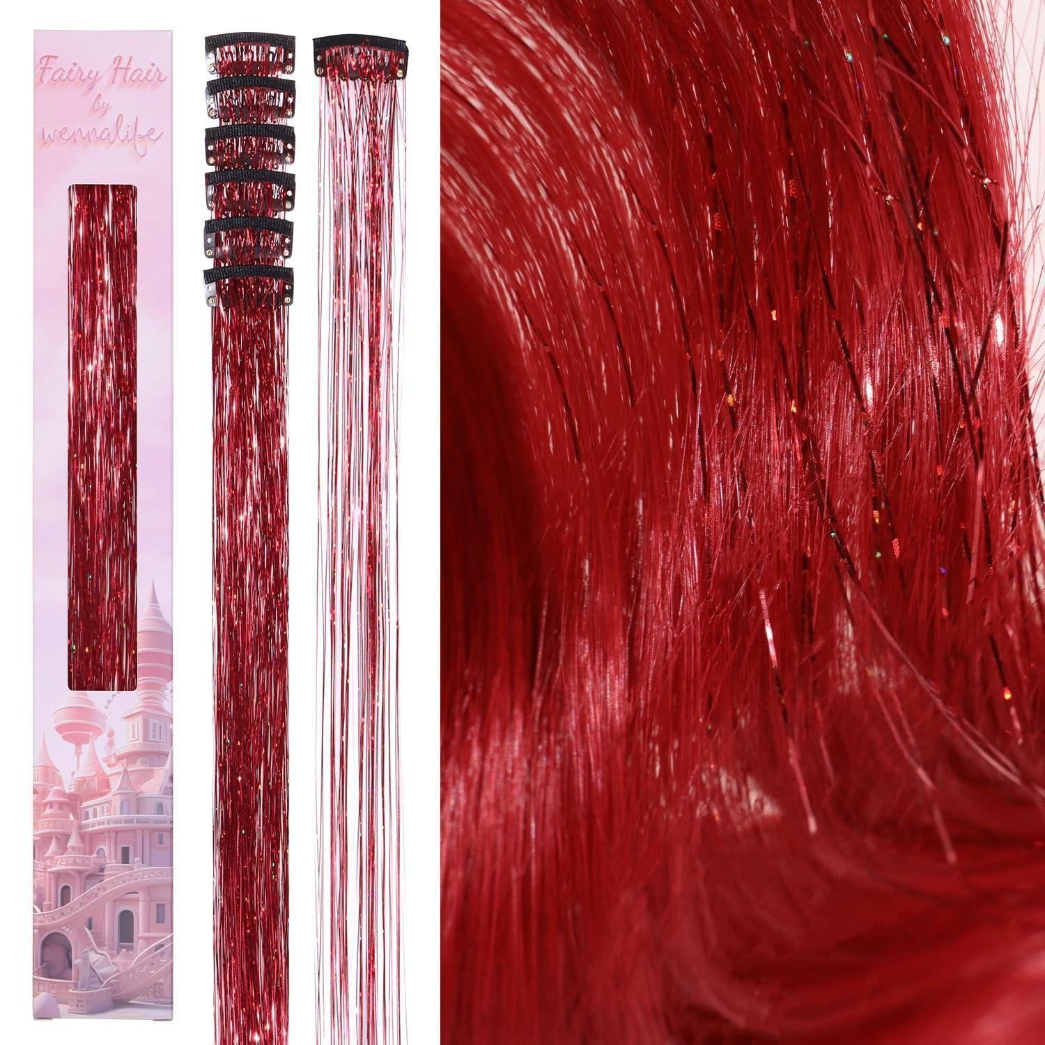 LuxusKollektion Kunsthaar-Extension Haar Lametta Clip In Glitzer Haarsträhnen Party 60cm - 6 Clips C-#Rot