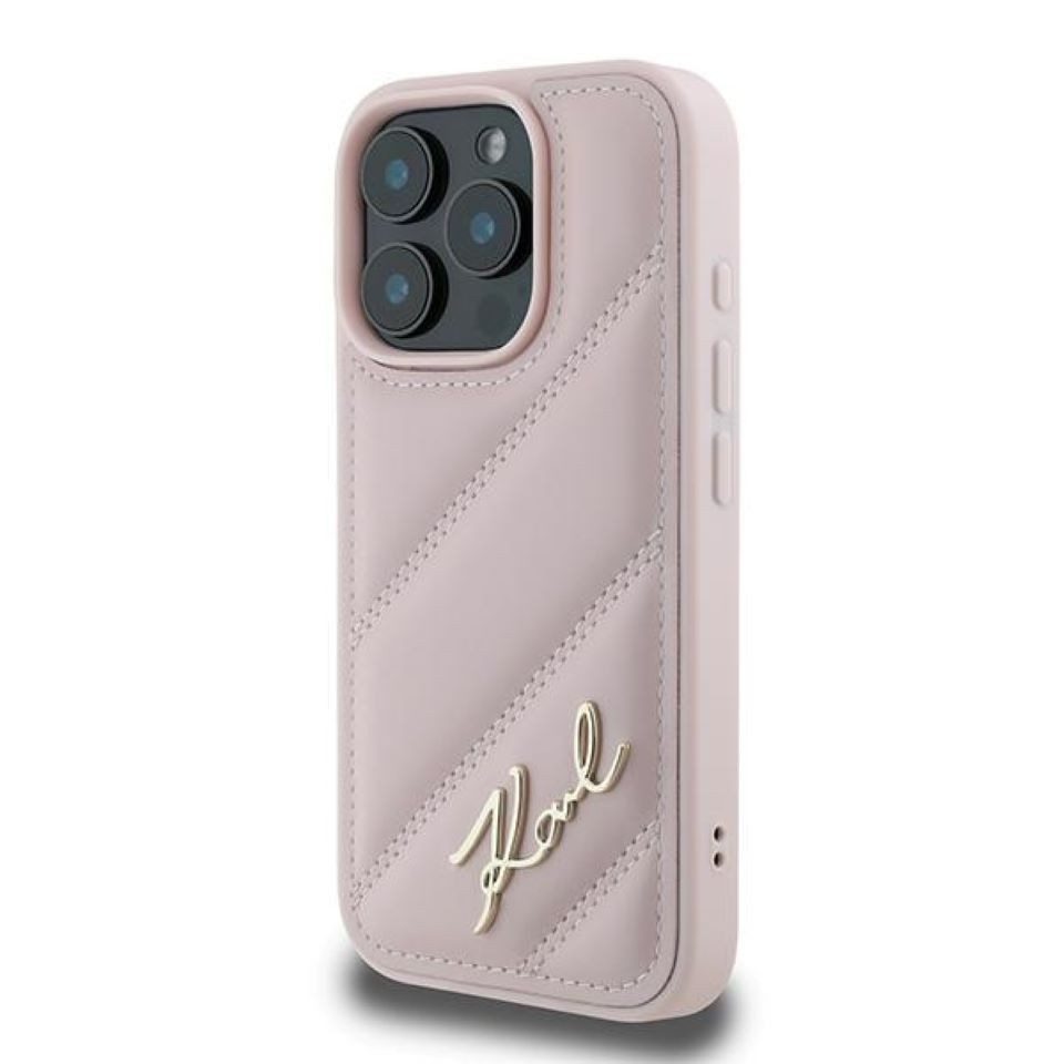 KARL LAGERFELD Handyhülle iPhone 16 Pro Max Kunstleder rosa Logo goldfarbig 6,9 Zoll, Kantenschutz