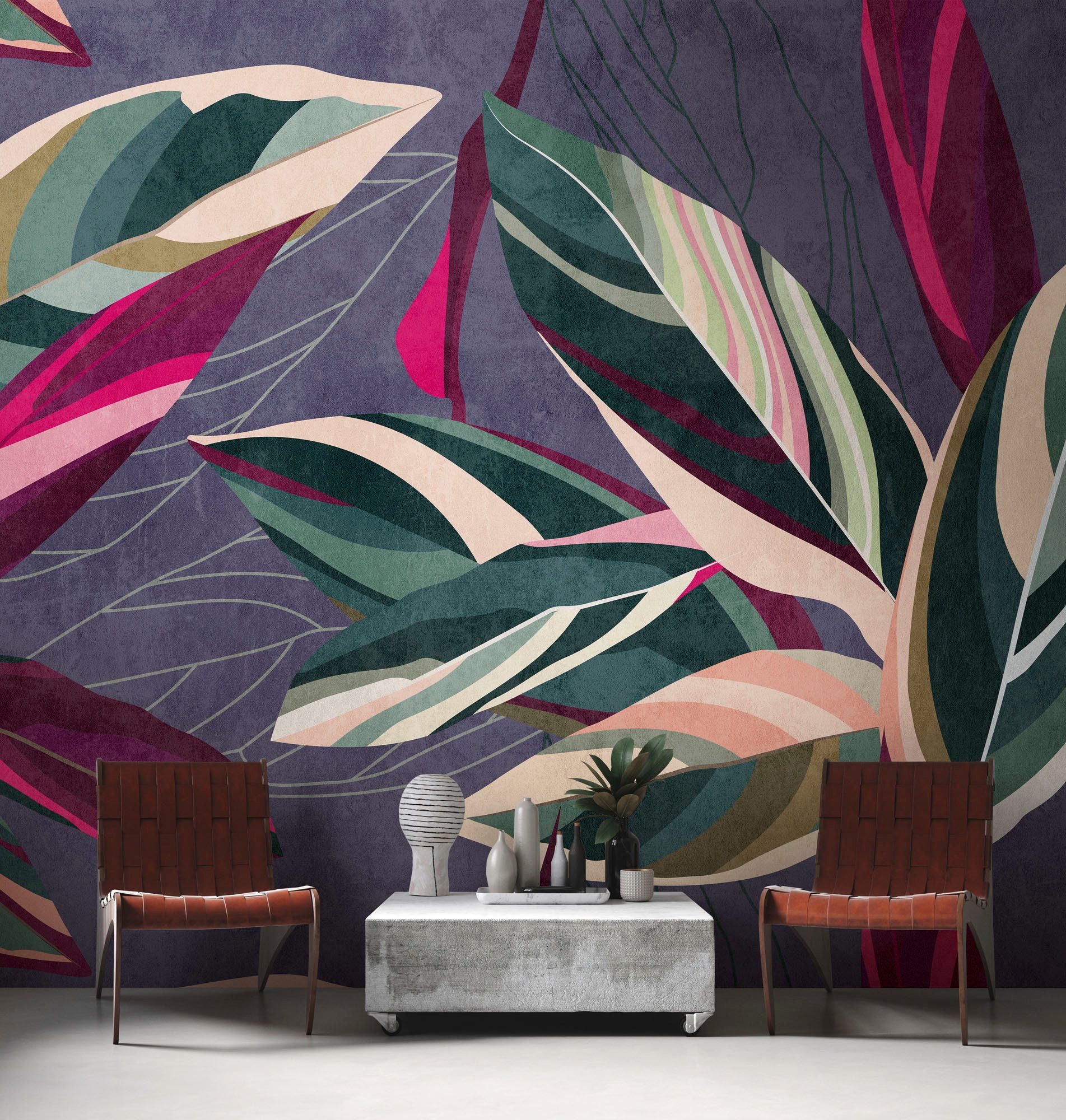 living walls Fototapete The Wall, glatt, floral, natürlich, botanisch, Fototapete Blätter Tapete Dschungel Pink Tapeten Wohnzimmer Design