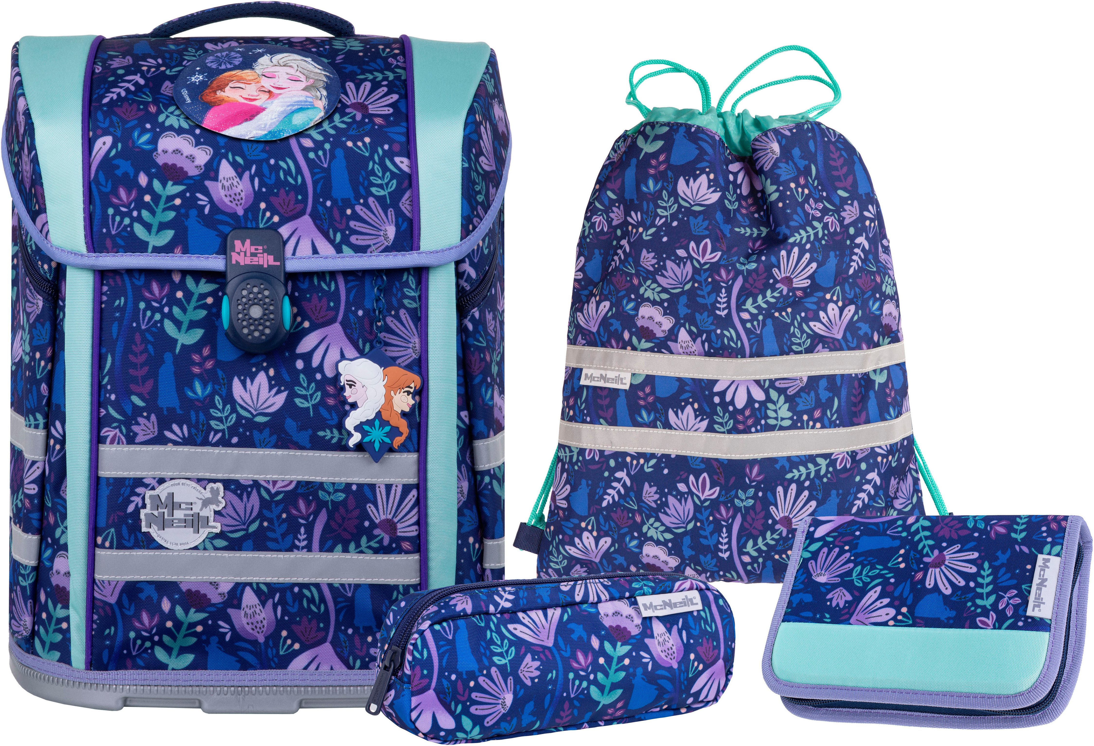 McNeill Schulranzen Perfecto, Frozen II (Set, 5-tlg), inkl. Federmäppchen, Turnbeutel, Schlamperrolle & Motivmagnet