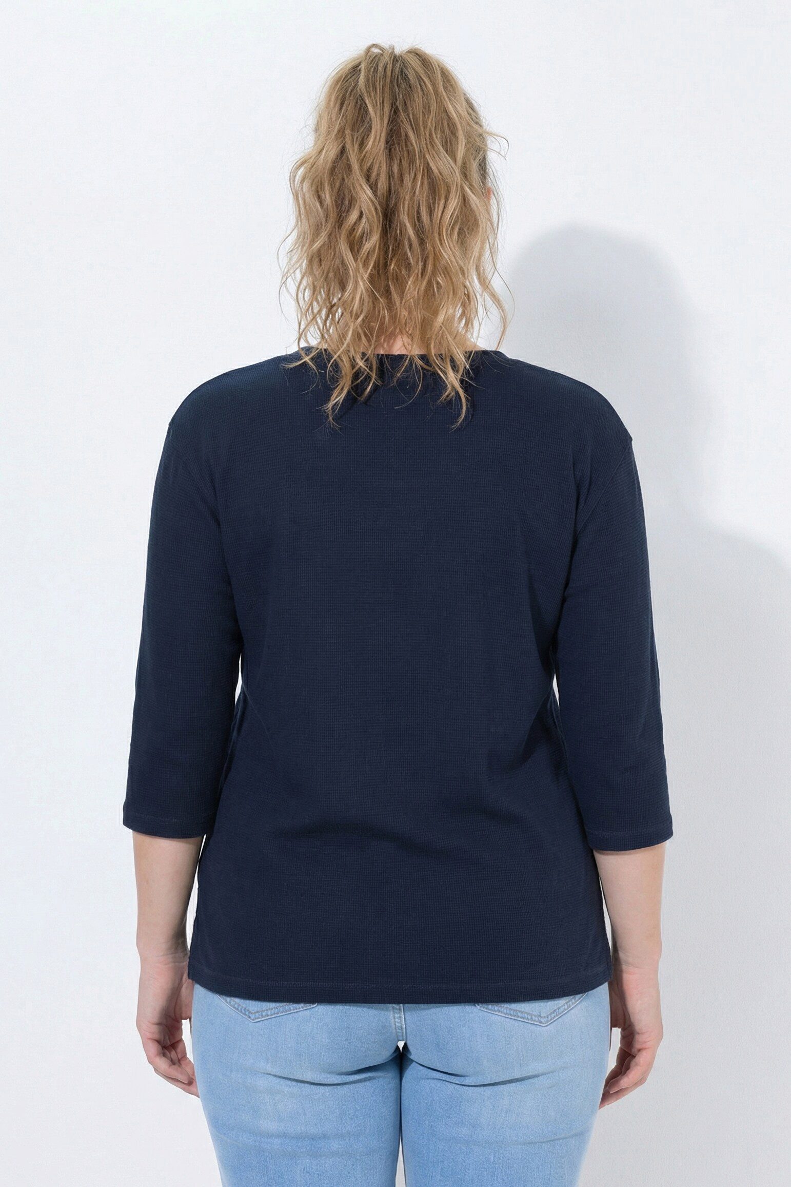 Ulla Popken Sweatshirt Sweatshirt Piqué V-Ausschnitt 3/4-Arm Biobaumwolle