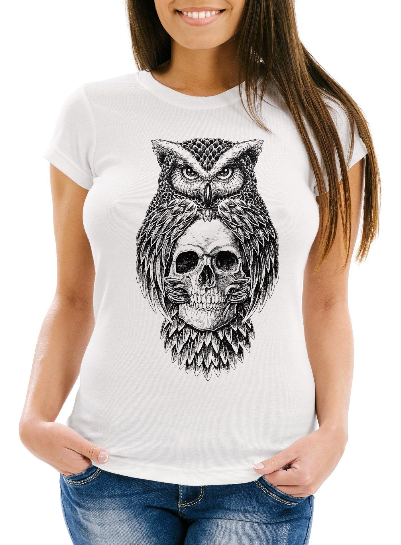 Neverless Print-Shirt Damen T-Shirt Eule Totenkopf günstig online kaufen