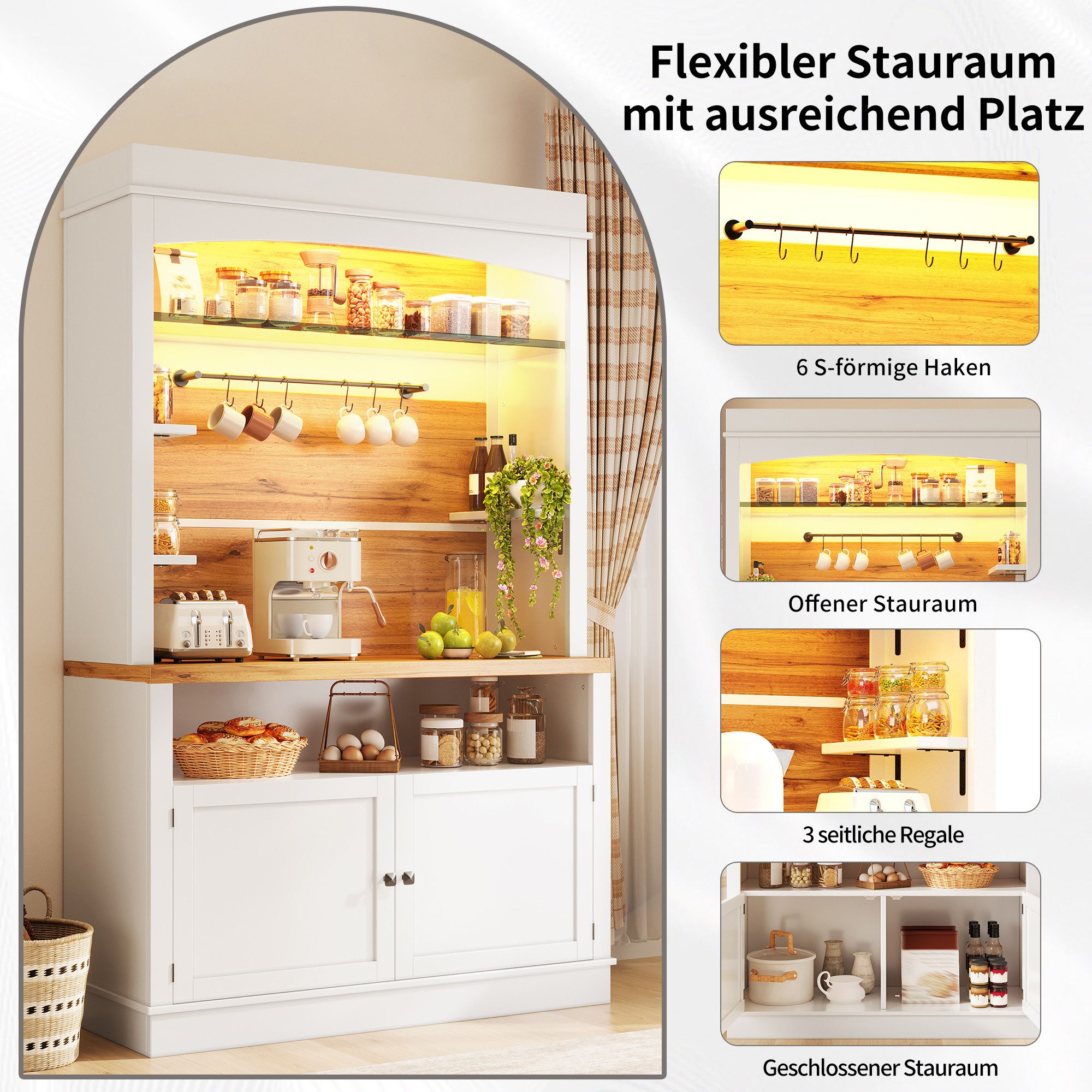 Odikalo Küchenbuffet Küchenschrank Buffetschrank Hochschrank mit LED (Hochschrank mit Glasregal, 184cm hoher Buffetschrank mit Hakenleiste, belastbar bis 60kg)