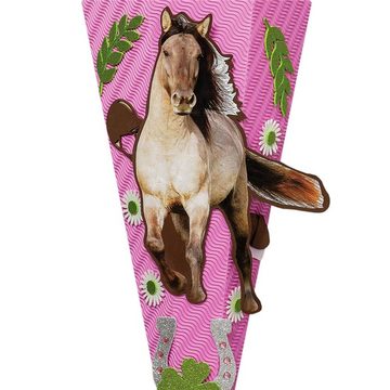 Roth Schultüte Bastelset Pferdeträume, 68 cm, eckig, mit Kreppverschluss, Zuckertüte zum Basteln, Rosa / Grün
