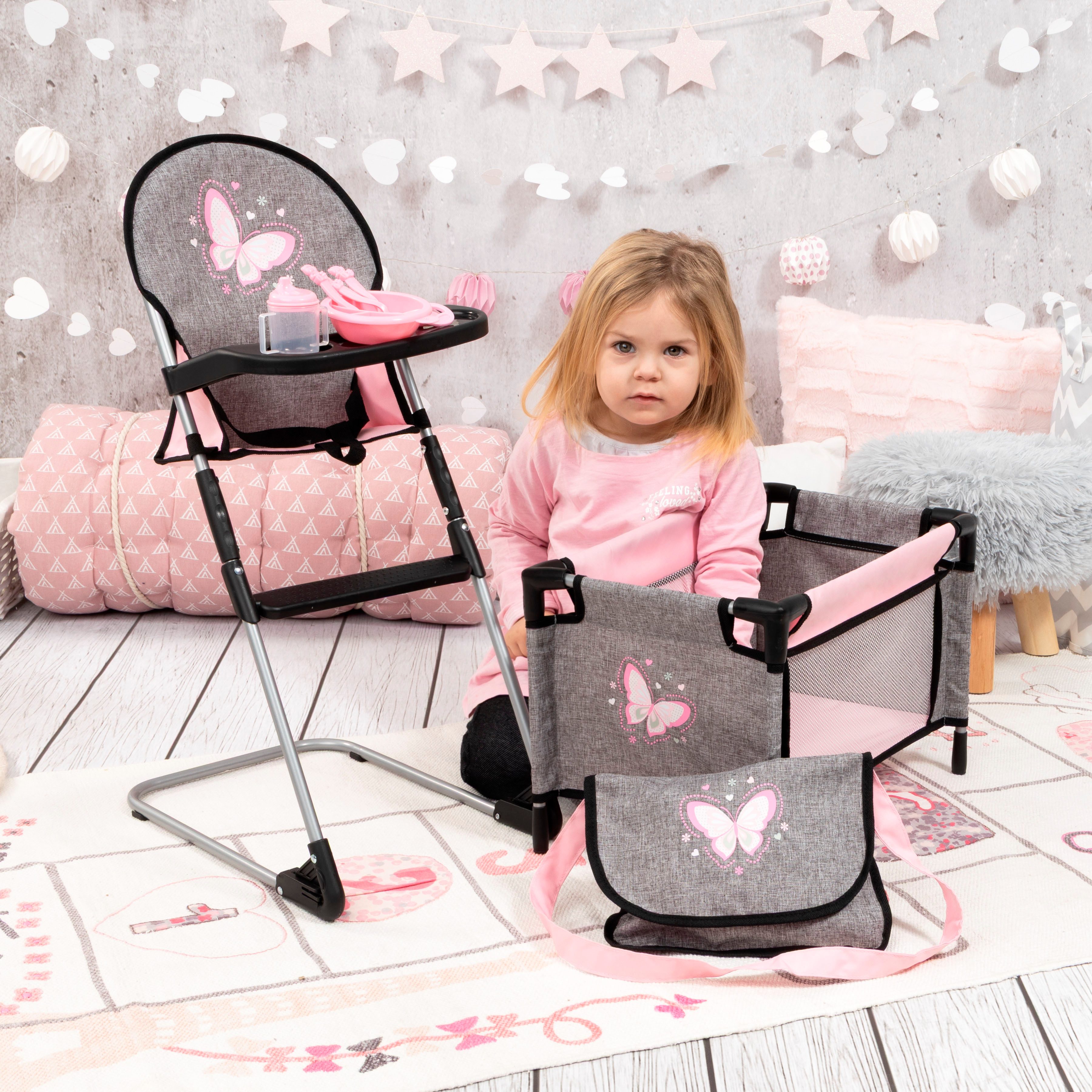 Bayer Puppenbett Puppen-Reisebett-Set (Set, 9tlg), inklusive Hochstuhl, Tasche, Teller, Trinkbecher, Besteck u. Schnuller – Bild 5 von 5