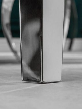 Casa Padrino Esstisch Designer Esstisch Weiß / Grau / Silber 200 x 105 x H. 75 cm - Rechteckiger Edelstahl Küchentisch mit digitalbedrucktem Sicherheitsglas in Marmoroptik - Moderne Barock Möbel