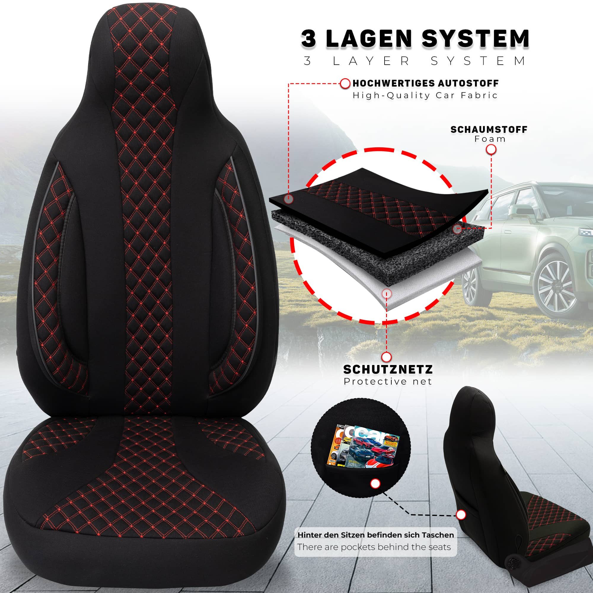 BREMER SITZBEZÜGE Autositzbezug für Mercedes GLE W166 Bj 2011-18 (PL402), Set, Schonbezüge Sitzbezüge Fahrer und Beifahrer, in Schwarz/Rote Naht
