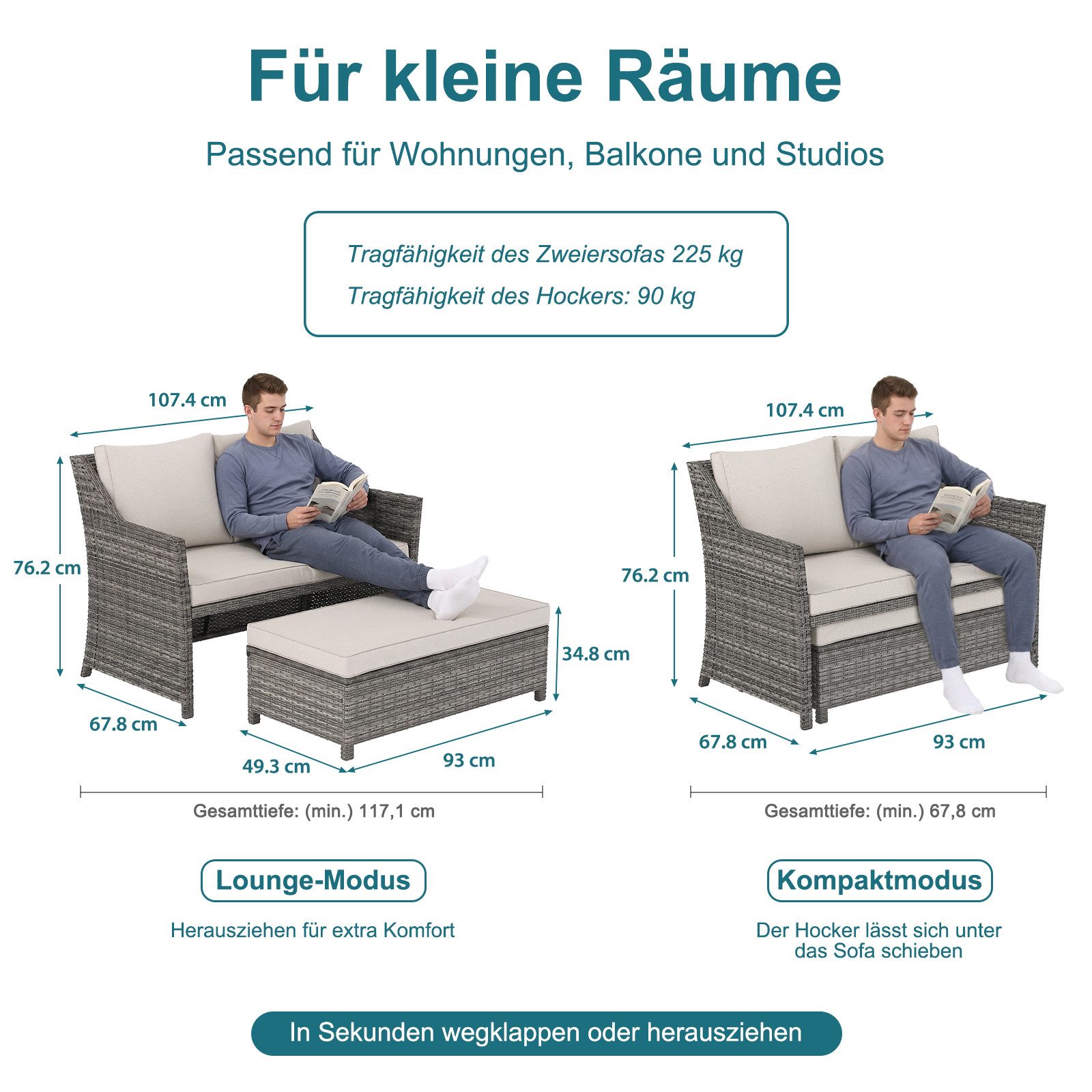 Gartenbank 2-tlg Outdoor Rattan Gartenbank