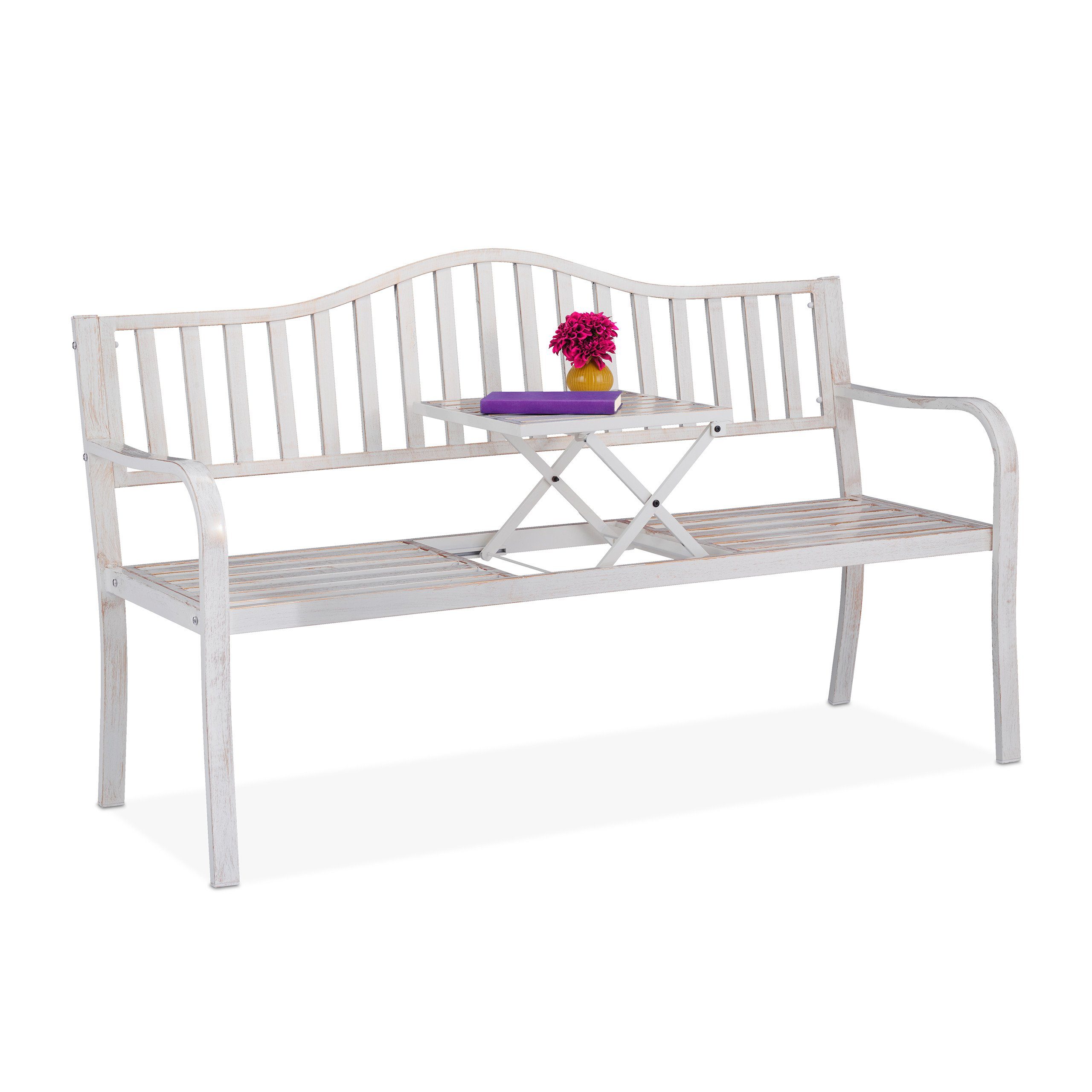 relaxdays Gartenbank mit Klapptisch, Weiß-Bronze günstig online kaufen
