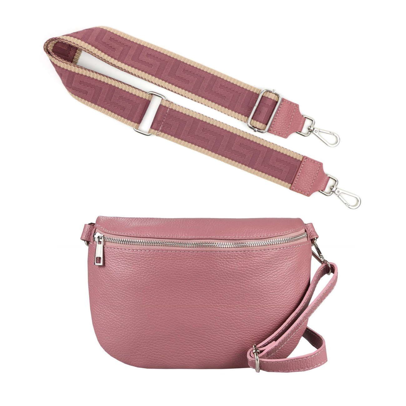 ITALYSHOP24 Bauchtasche Made in Italy Damen Leder Gürteltasche Hüfttasche Brusttasche Bodybag (Spar-Set aus einer Tasche mit dem Ledergurt und einem breitem Stoffgurt/Umhängeband, Crossbody Bag mit zusätzlichen Riemen), 1 Tasche & 2 Gurte, Schultertasche, Umhängetasche